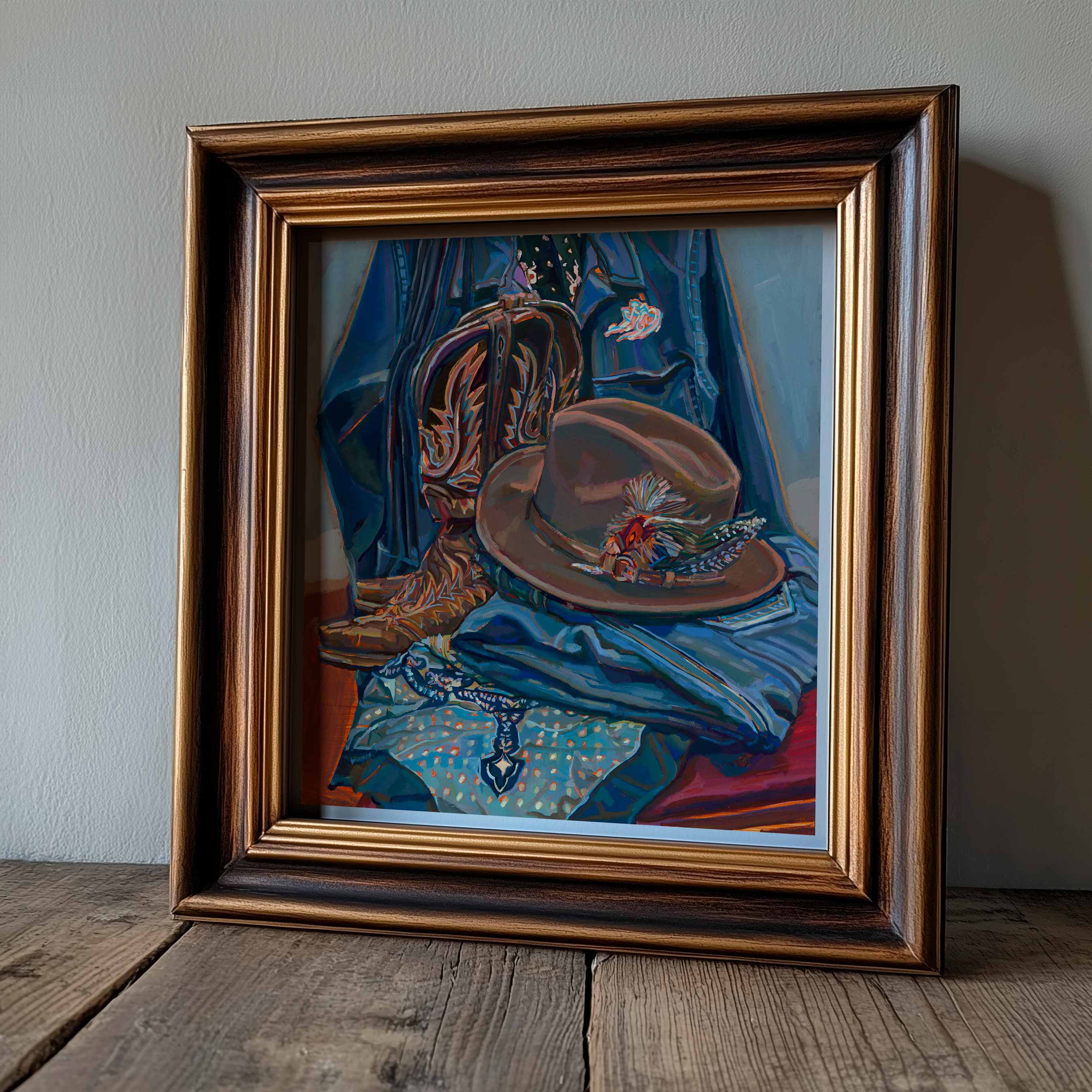 Stetson Oil Painting, Cowboy Hat Print of Stetson Hat & Lucchese Boots Western Still Life Painting, Far West Art