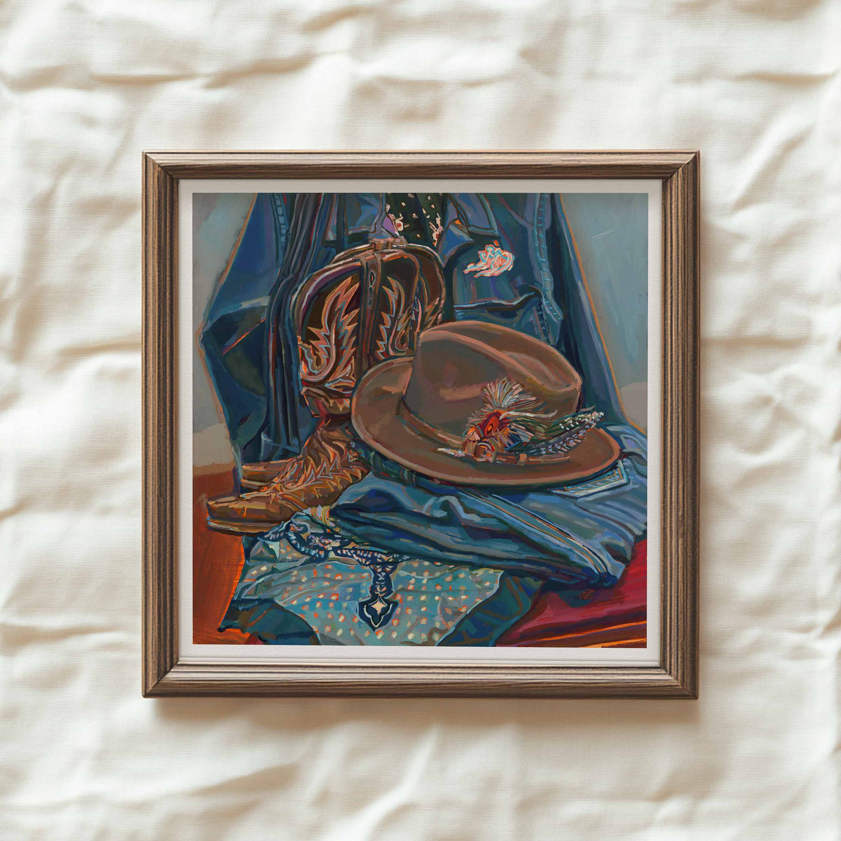 Stetson Oil Painting, Cowboy Hat Print of Stetson Hat & Lucchese Boots Western Still Life Painting, Far West Art