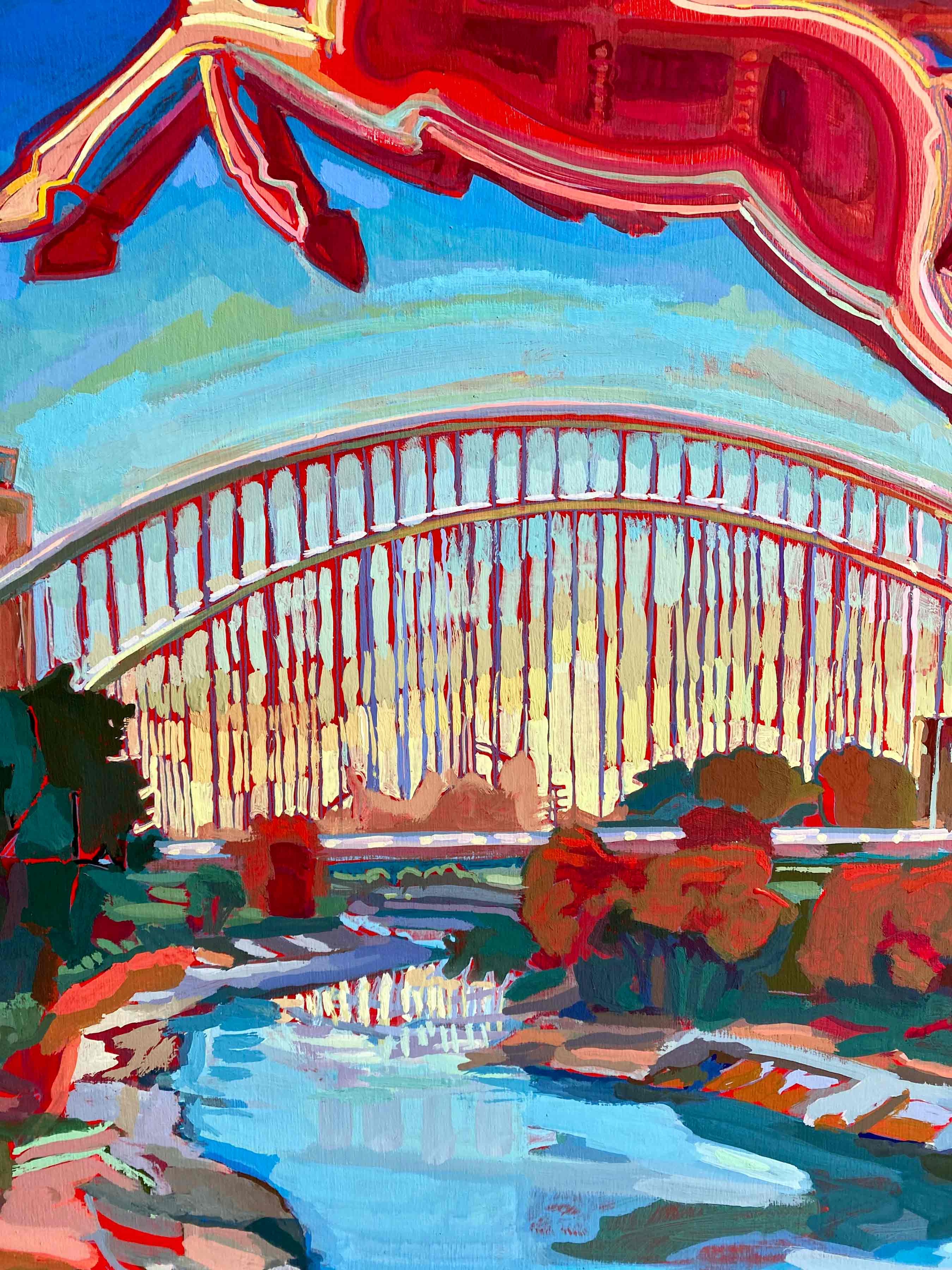Dallas Pegasus Painting of Bridge & Trinity River, Flying Red Pegasus Gouache Painting of Dallas Cityscape, Signed Original Painting