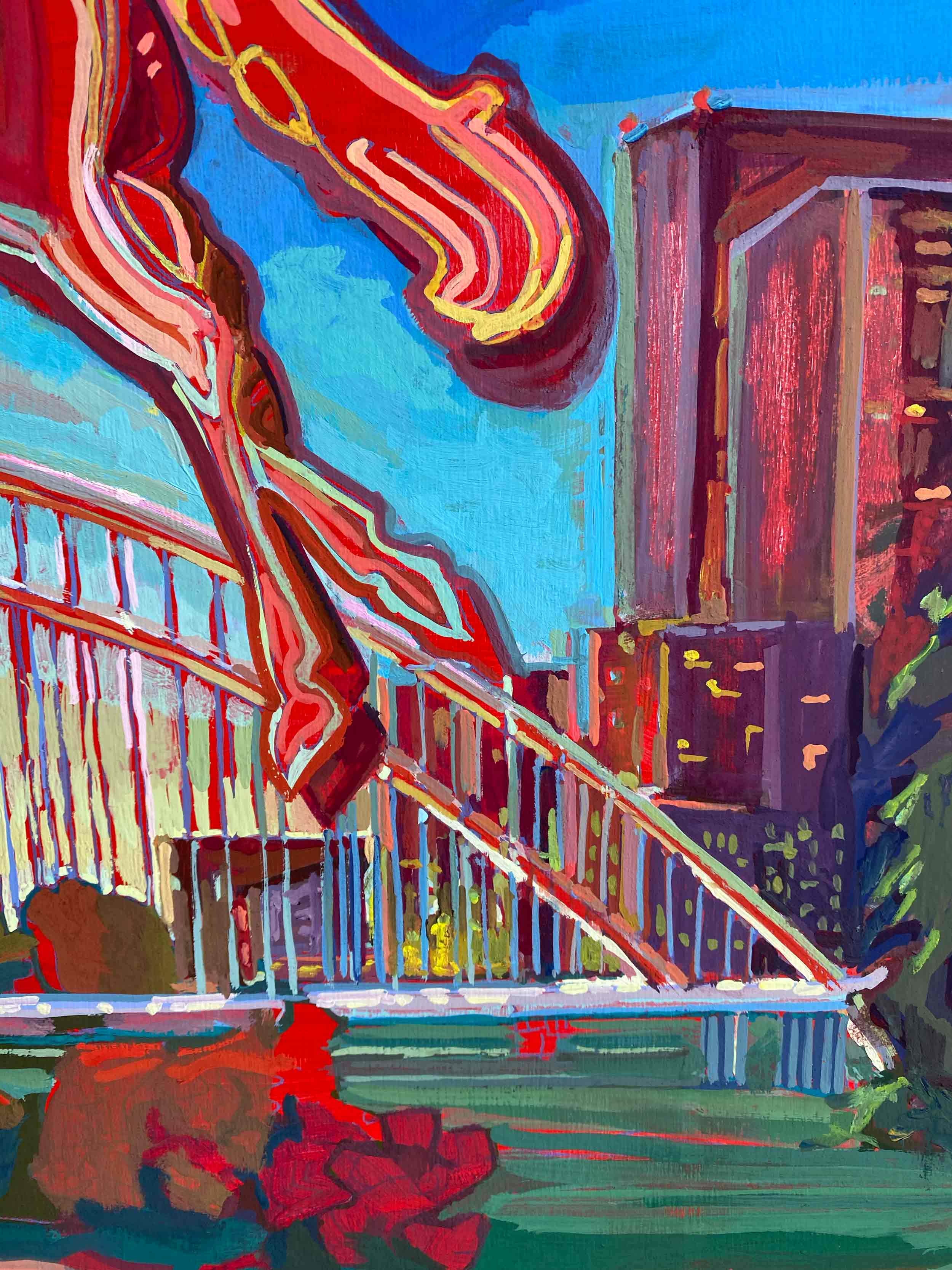 Dallas Pegasus Painting of Bridge & Trinity River, Flying Red Pegasus Gouache Painting of Dallas Cityscape, Signed Original Painting