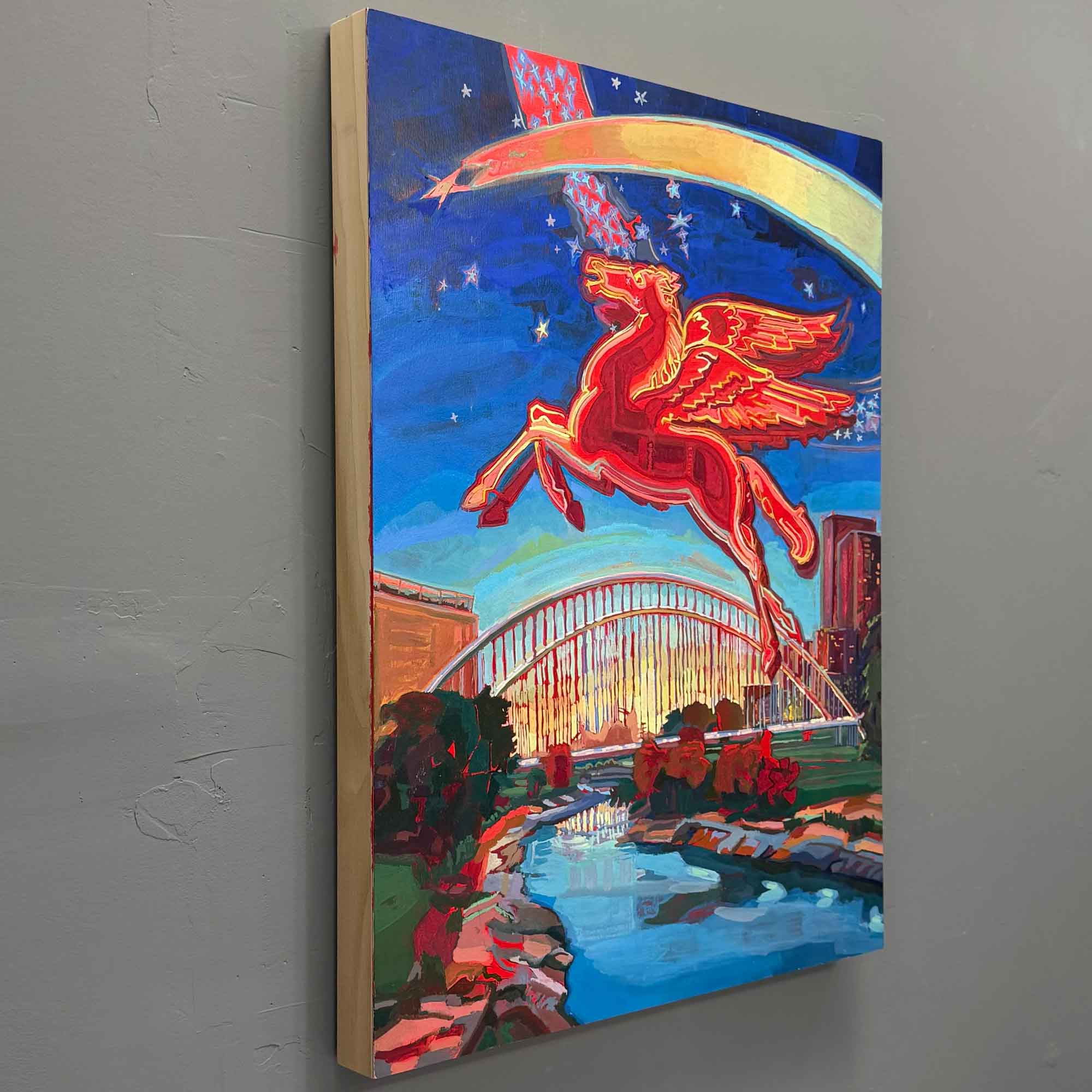 Dallas Pegasus Painting of Bridge & Trinity River, Flying Red Pegasus Gouache Painting of Dallas Cityscape, Signed Original Painting