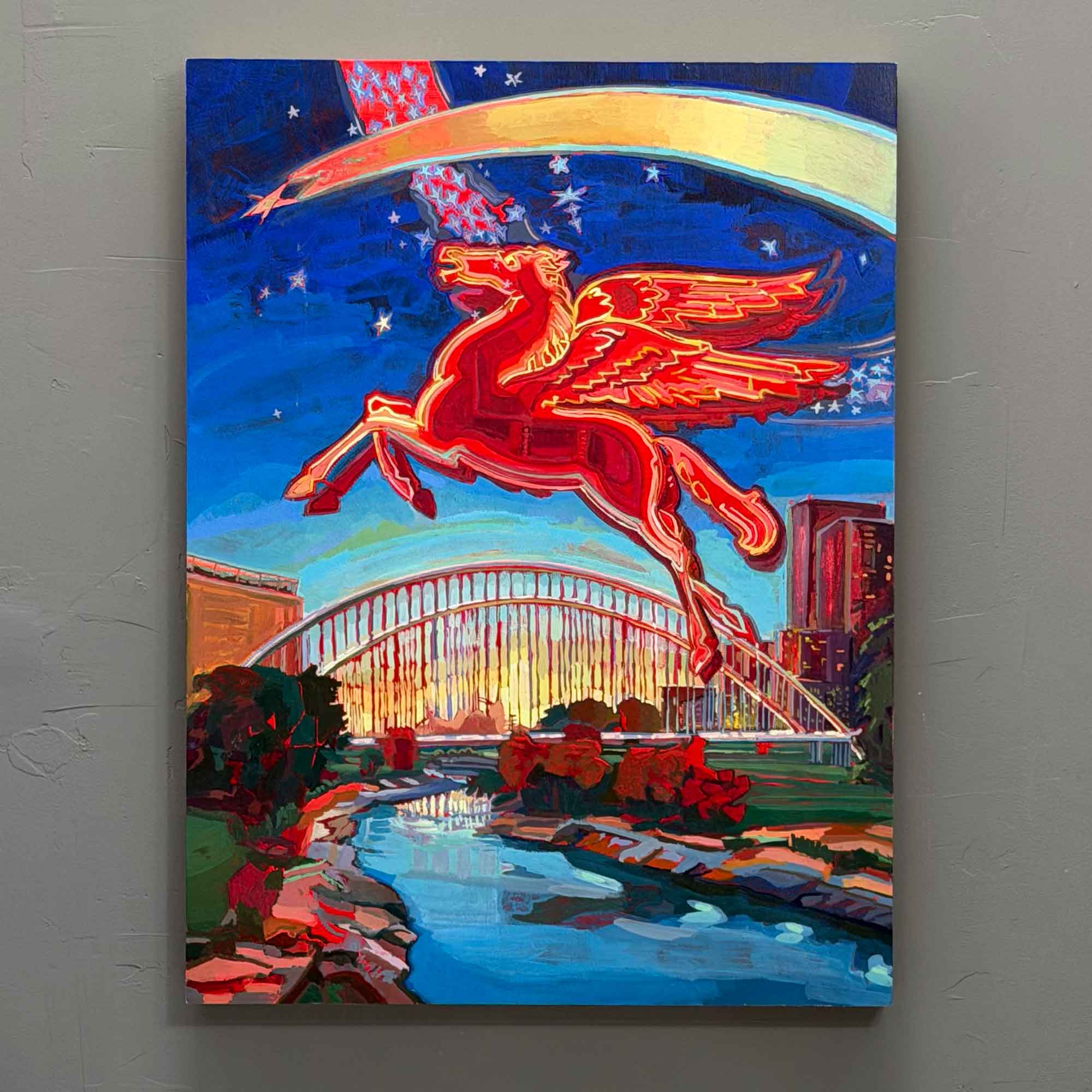 Dallas Pegasus Painting of Bridge & Trinity River, Flying Red