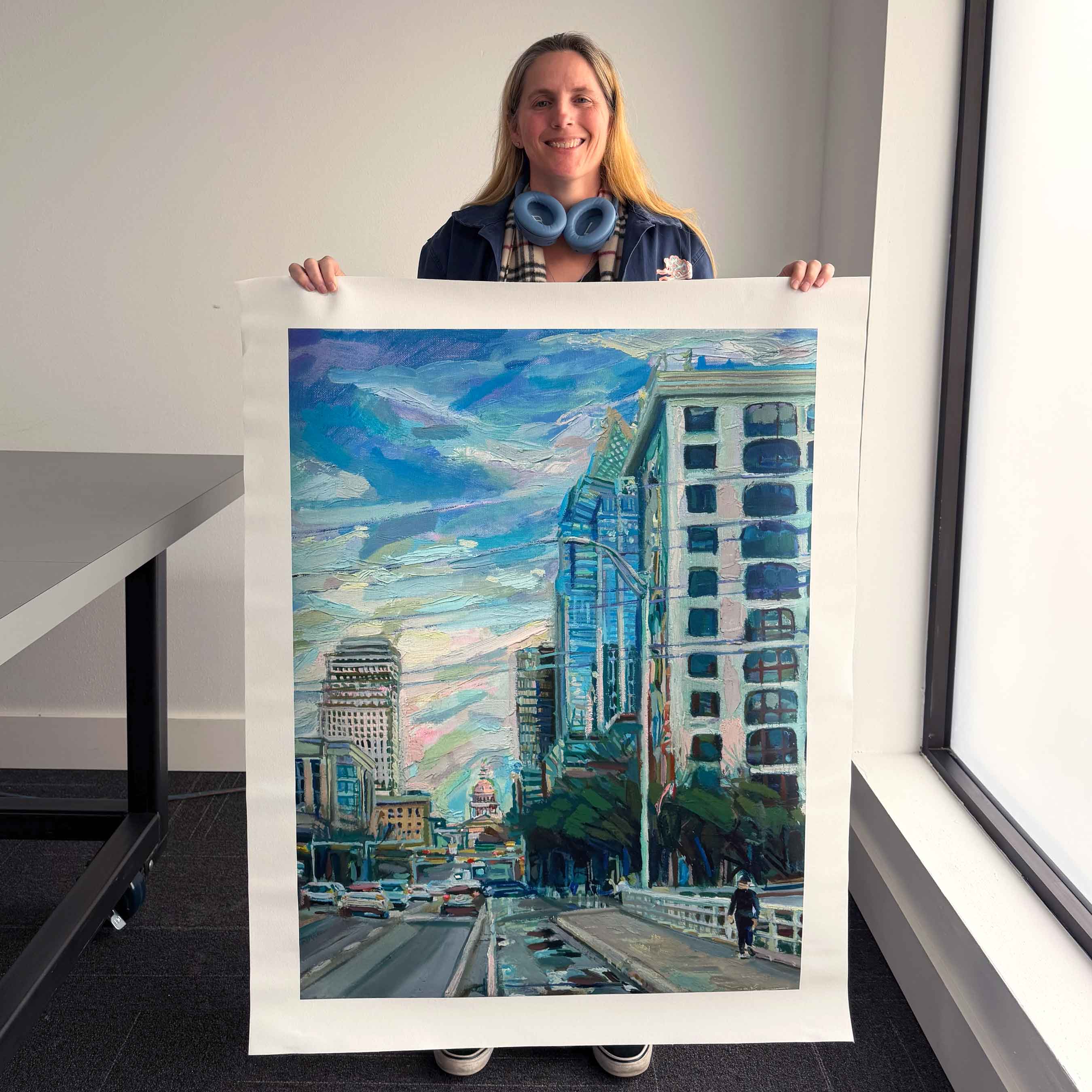 Austin Art Print of Texas Capital Oil Painting in Downtown Austin with Frost Building on Congress