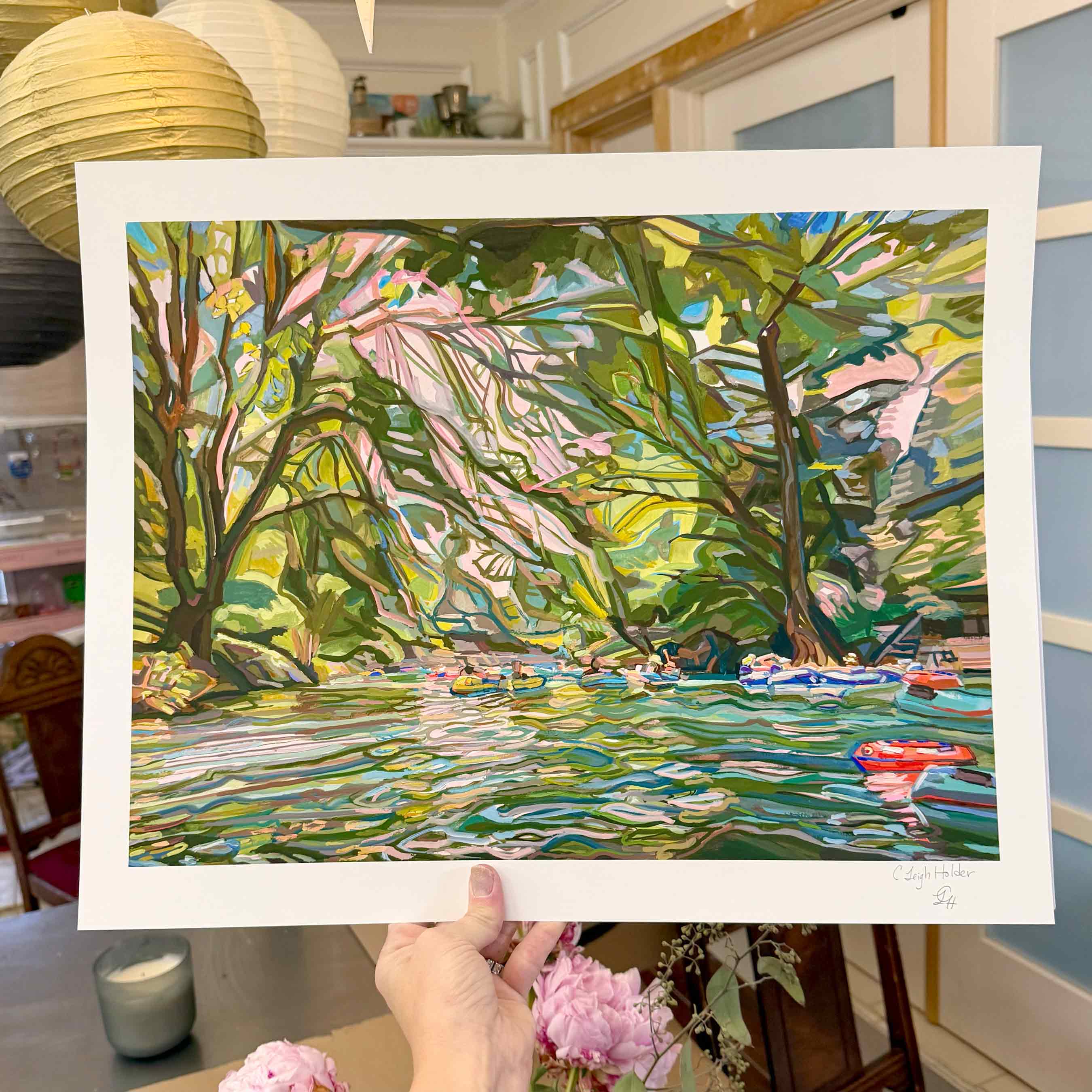 Texas River Tubing print of Original Gouache Painting, Comal River Art, Nostalgic Texas Hill Country Decor