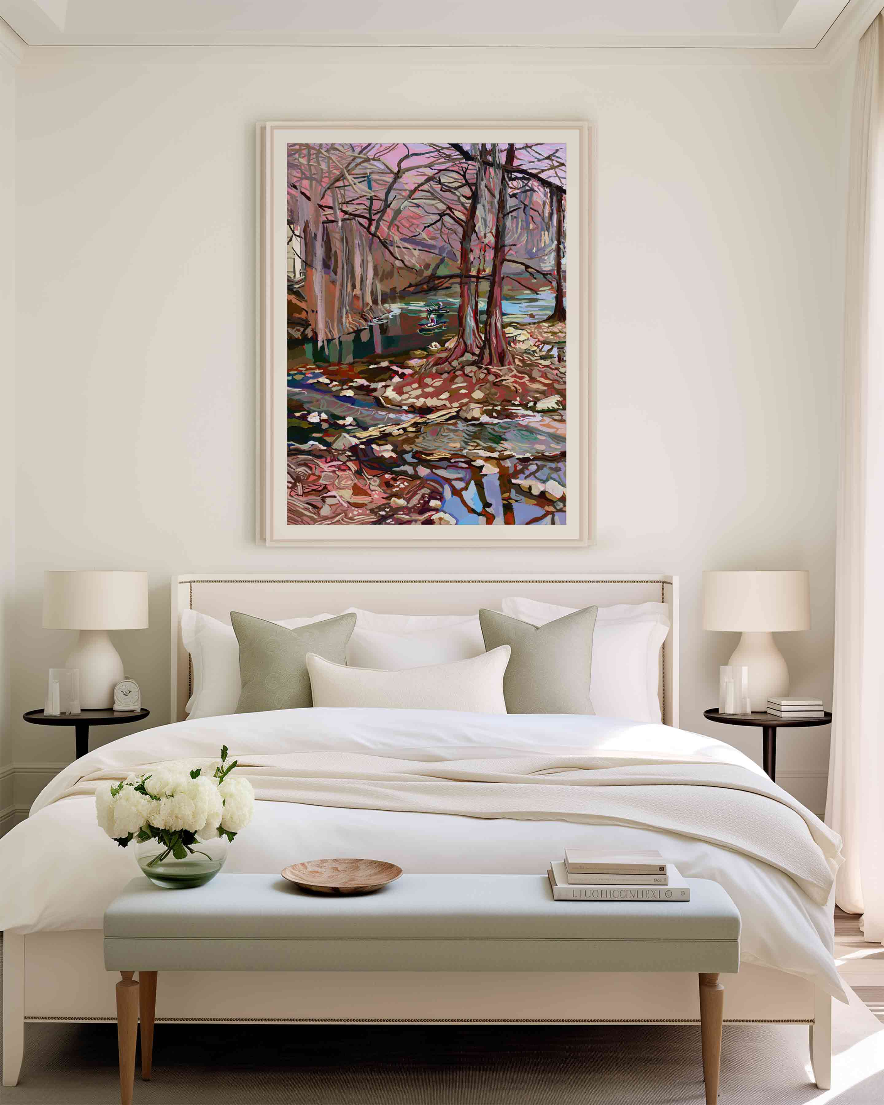 Texas Guadalupe River Landscape Painting with Cypress Trees in Texas Hill Country, Signed Art Print