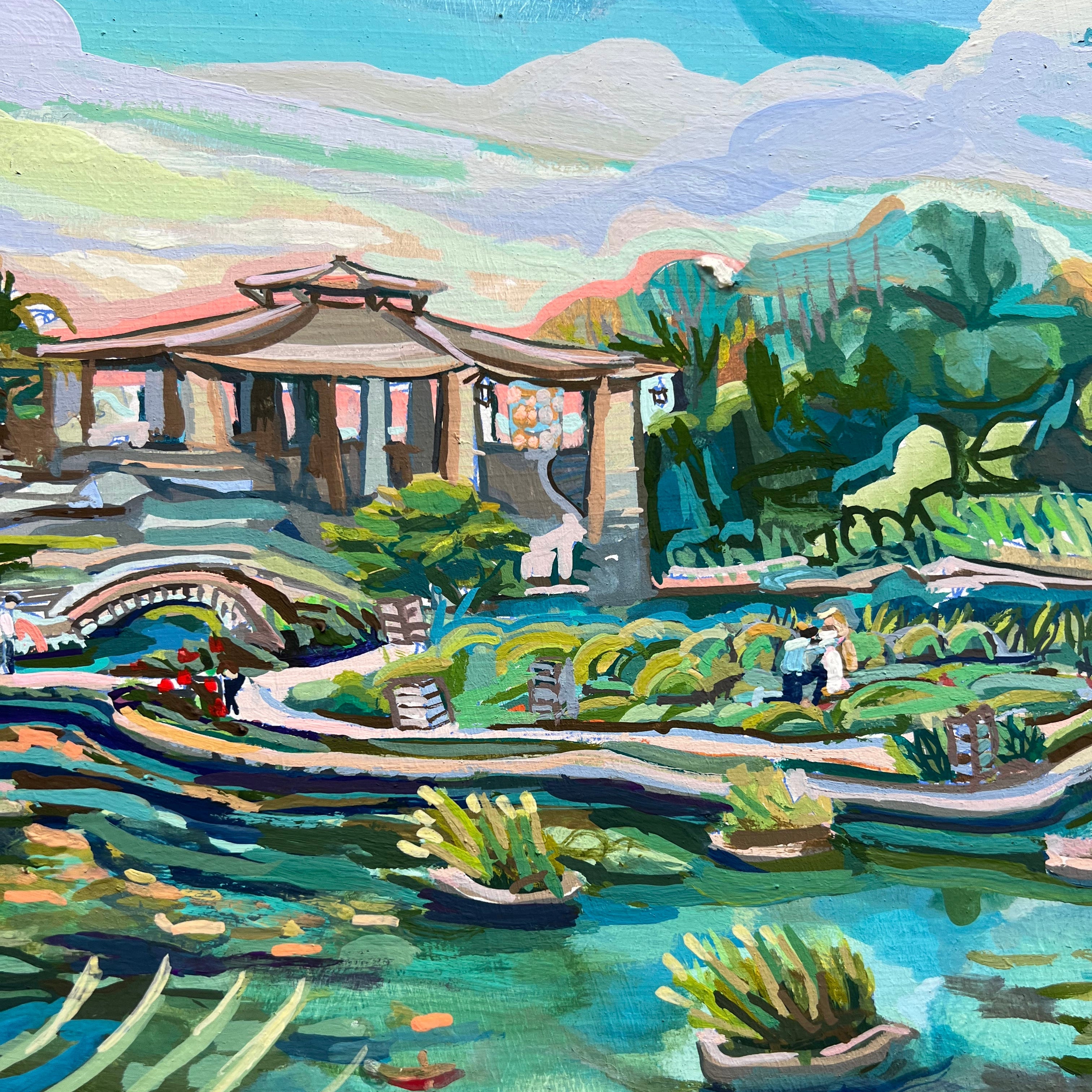 An original gouache painting depicting a serene view of the San Antonio Japanese Tea Garden, featuring trees, a bridge, and a pond.