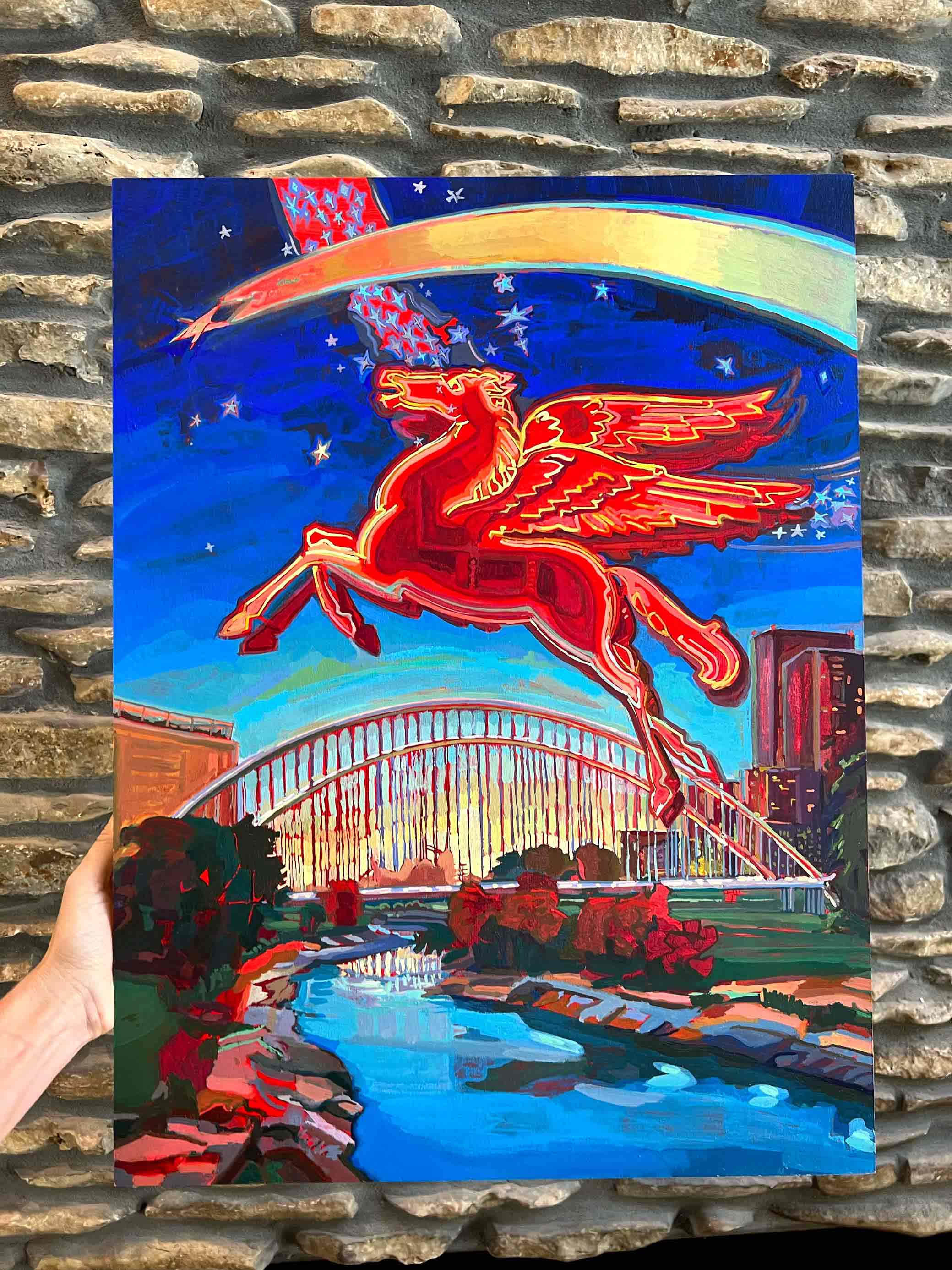 Dallas Pegasus Painting of Bridge & Trinity River, Flying Red Pegasus Gouache Painting of Dallas Cityscape, Signed Original Painting