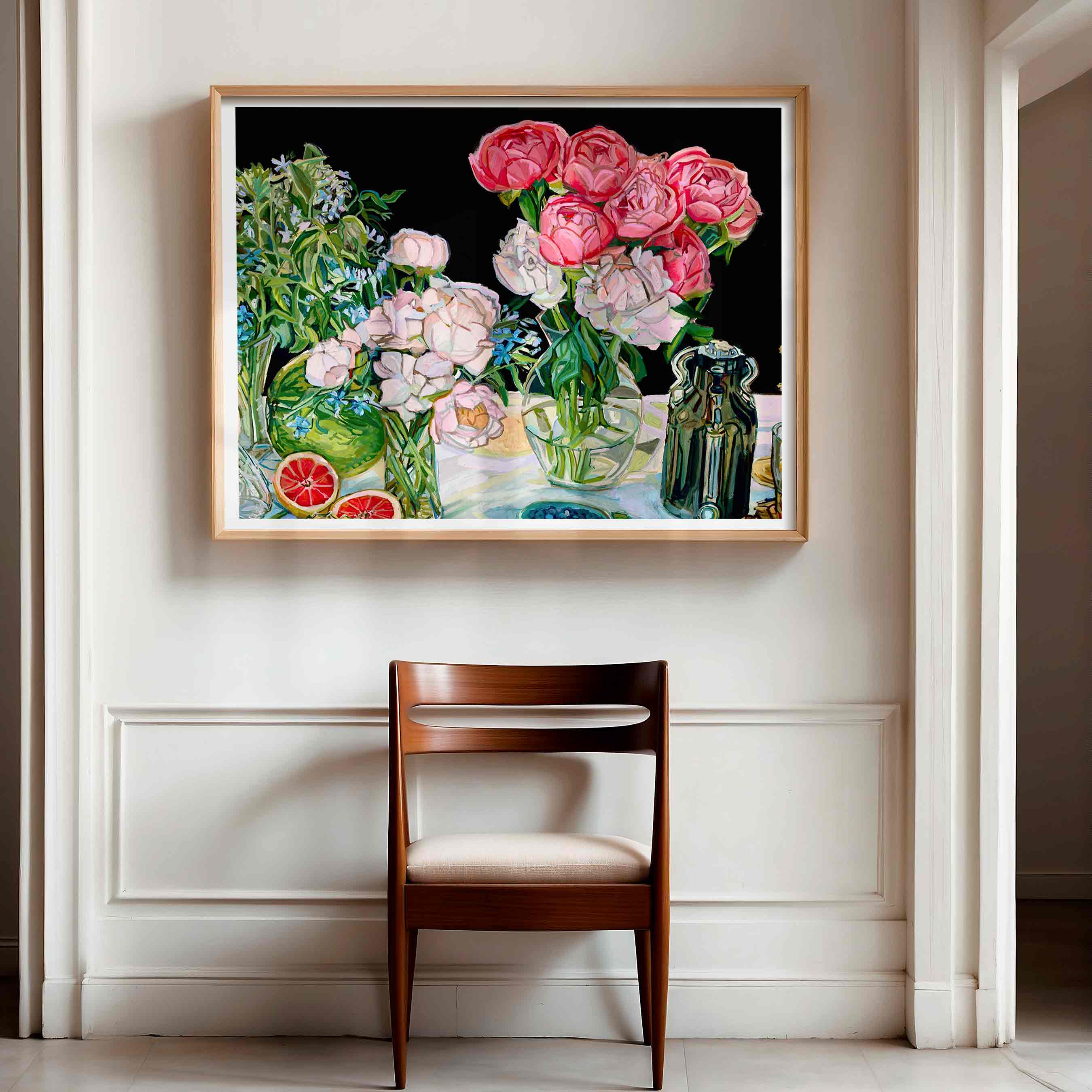Pink Peonies Oil Painting: Flowers in Glass Vase with Steel