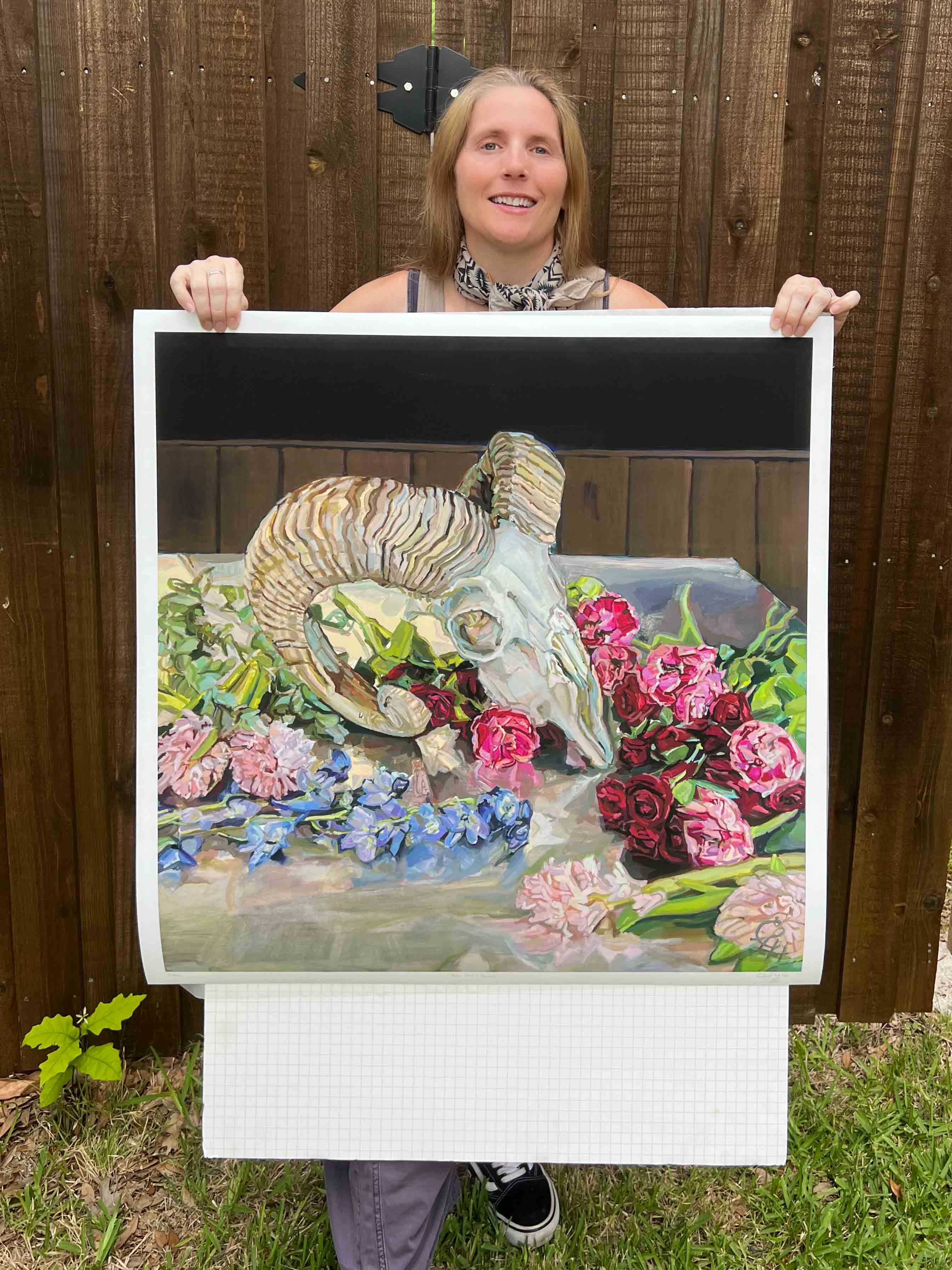 Peonies and Ram Skull Still Life Oil Painting, Limited Edition Paper Print