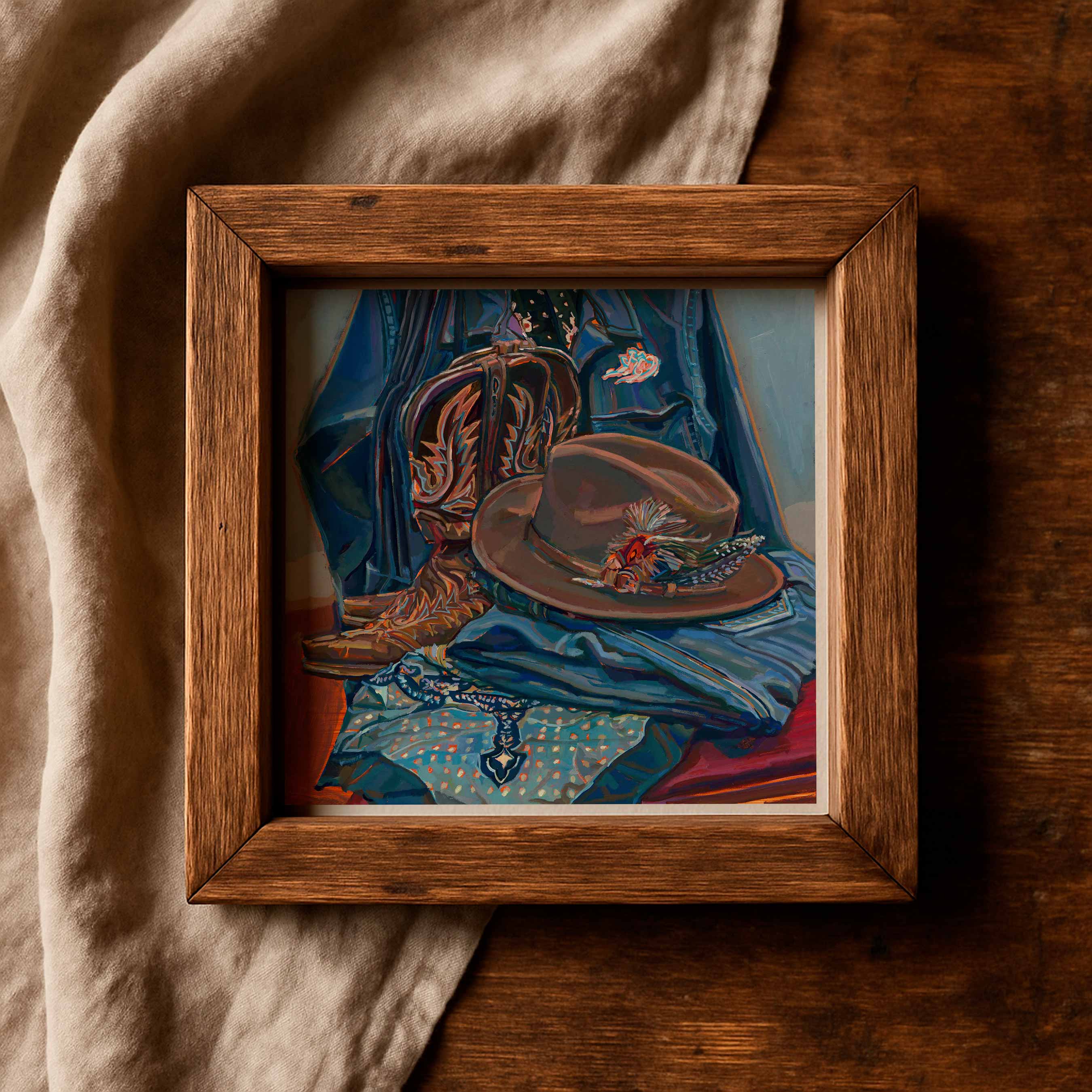 Stetson Oil Painting, Cowboy Hat Print of Stetson Hat & Lucchese Boots Western Still Life Painting, Far West Art