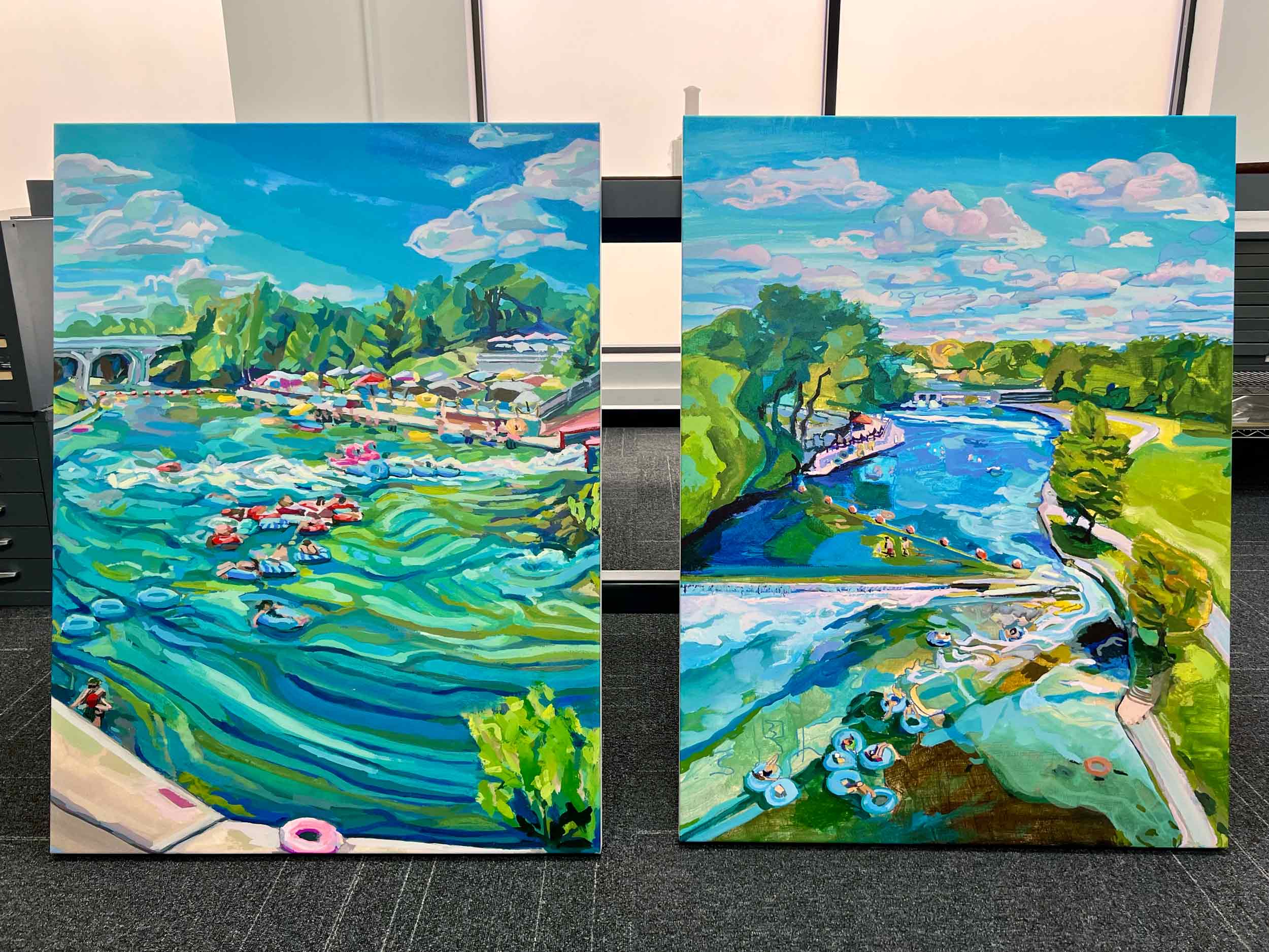 Texas rivers prints of original gouache paintings. XL canvas of 2 scenes of the Comal River Tube Chute in New Braunfels, Texas.