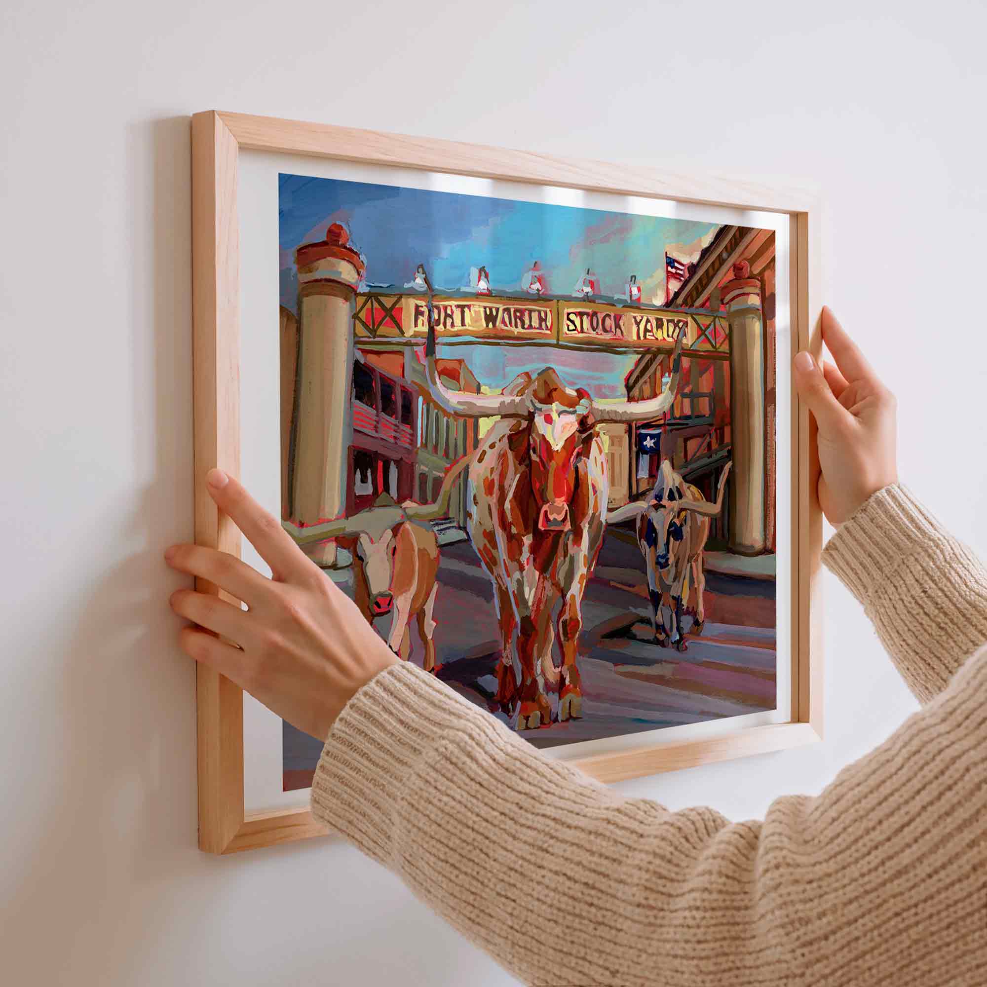 Texas Longhorns Print of Gouache Painting, Fort Worth Stockyard