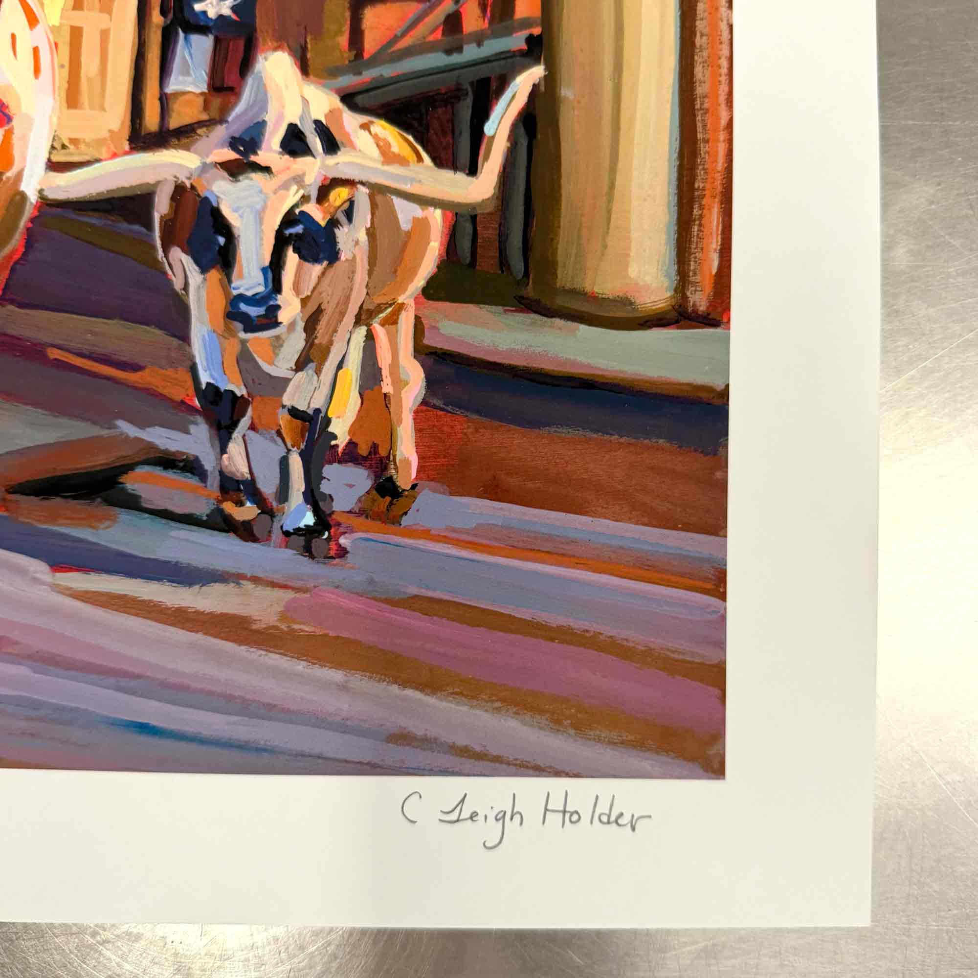 David Forbes 馬 絵画 大型 約97cm 額装 アート インテリア Texas Longhorns Print of Gouache Painting, Fort Worth Stockyard