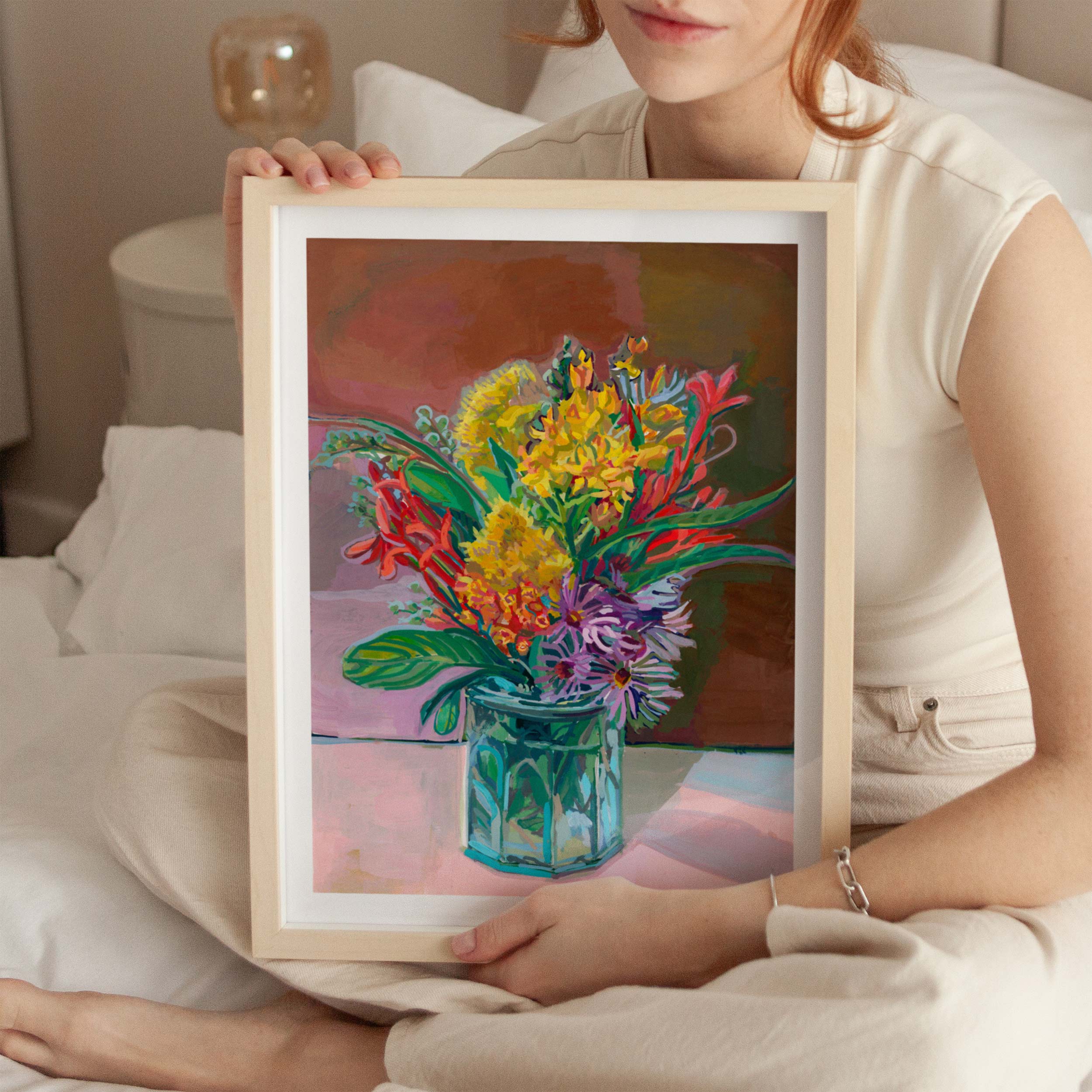 Vintage flower painting in glass jar, hand signed art print by Courtney Holder, Austin Texas artist 