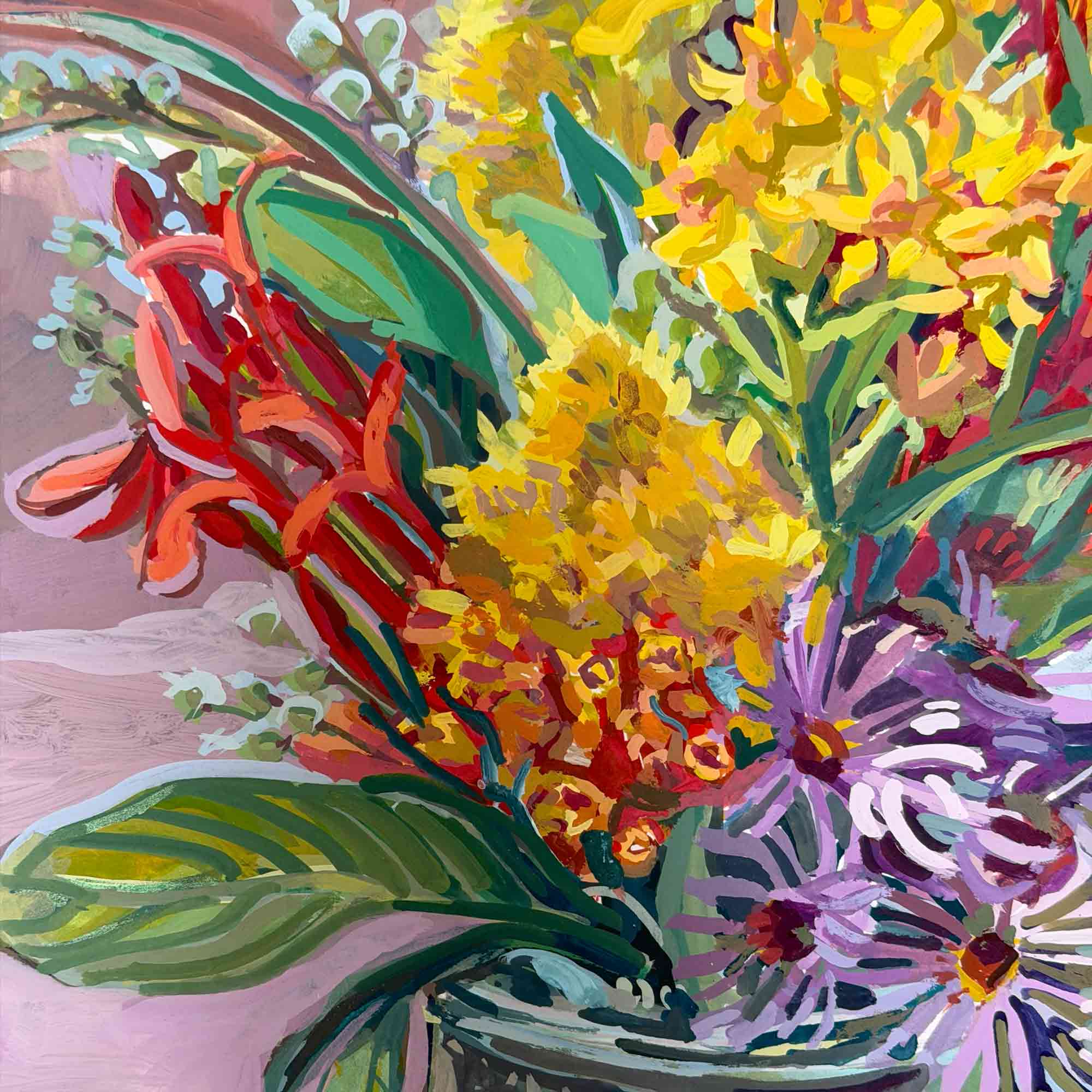 Wildflowers Painting, Original Gouache Painting, Vintage-Style