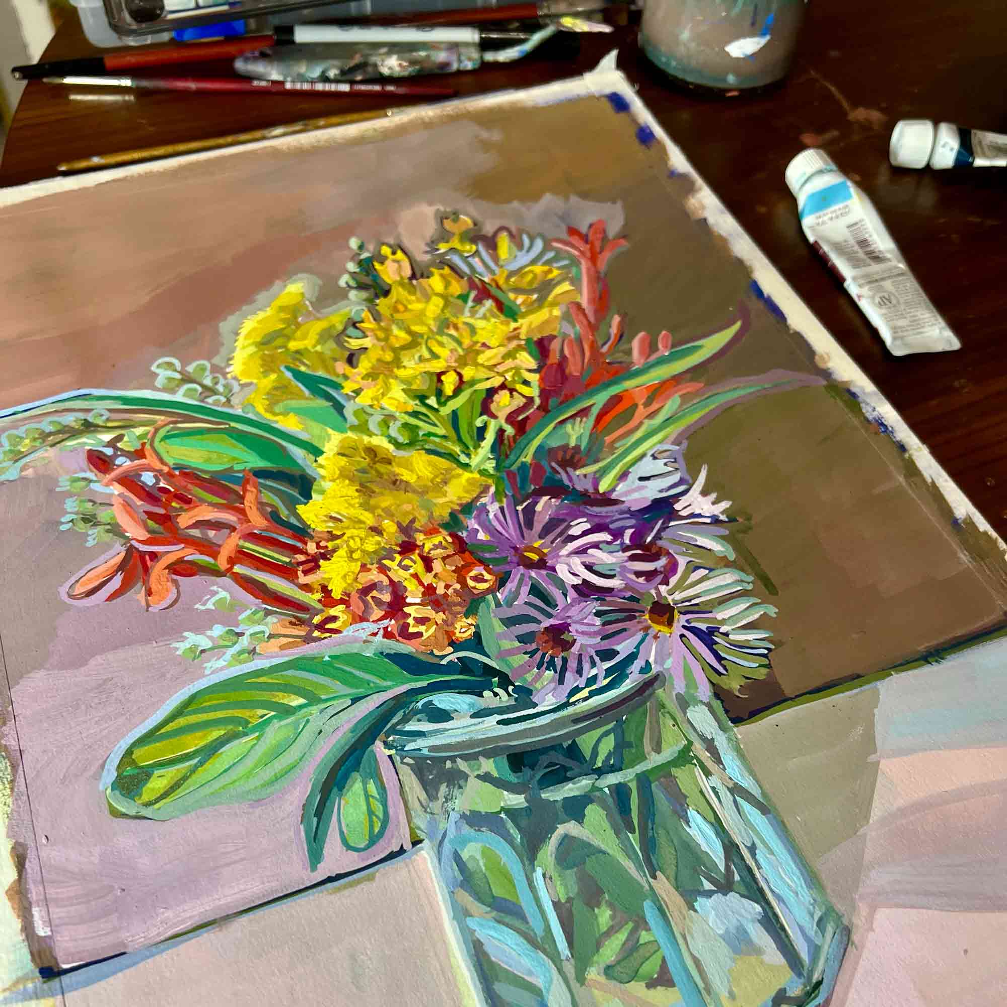 Wildflowers Painting, Original Gouache Painting, Vintage-Style, Still-Life Painting from Austin Texas Nostalgia Art Series