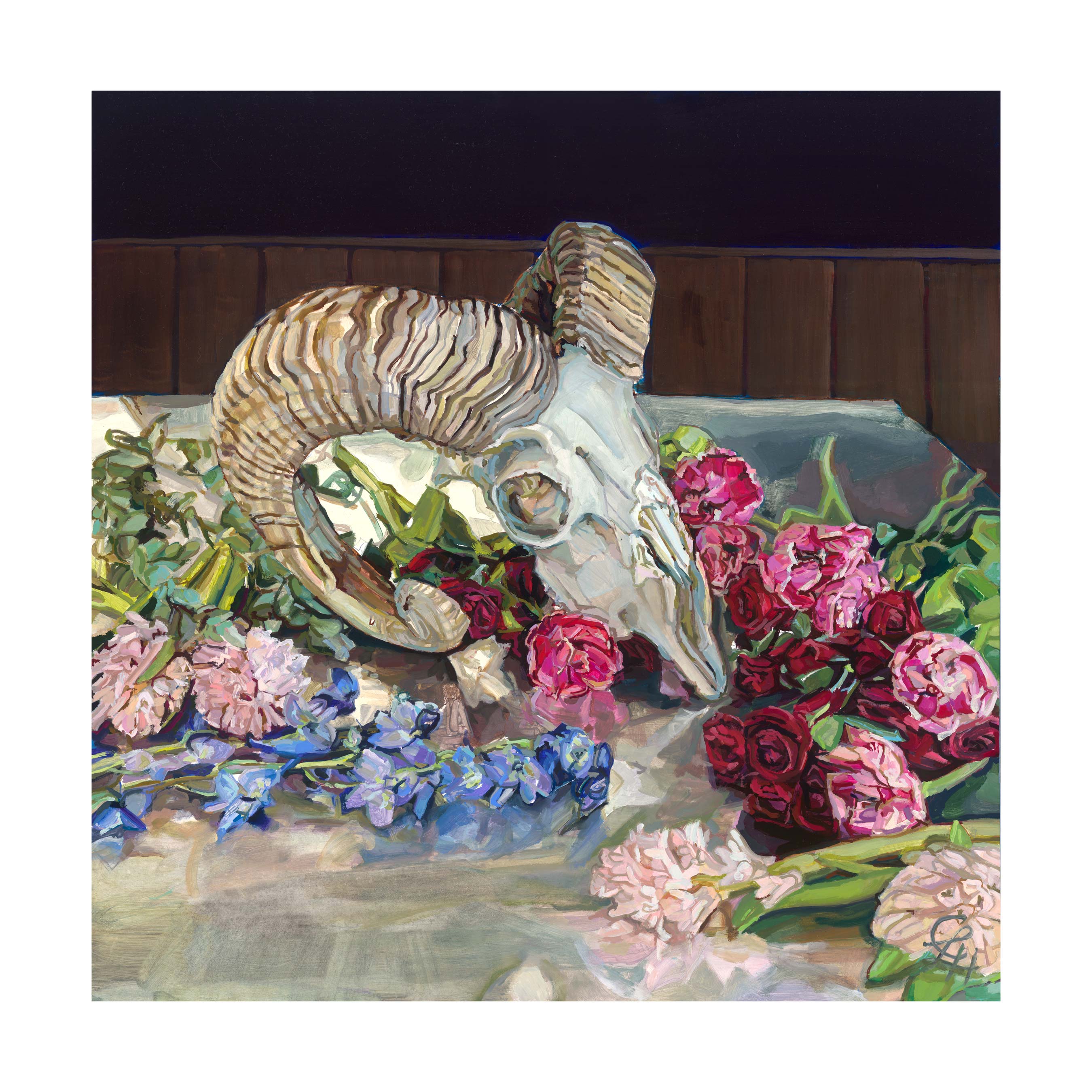 Texas ram skull and flowers still life painting with pink, red and blue flowers by Austin artist