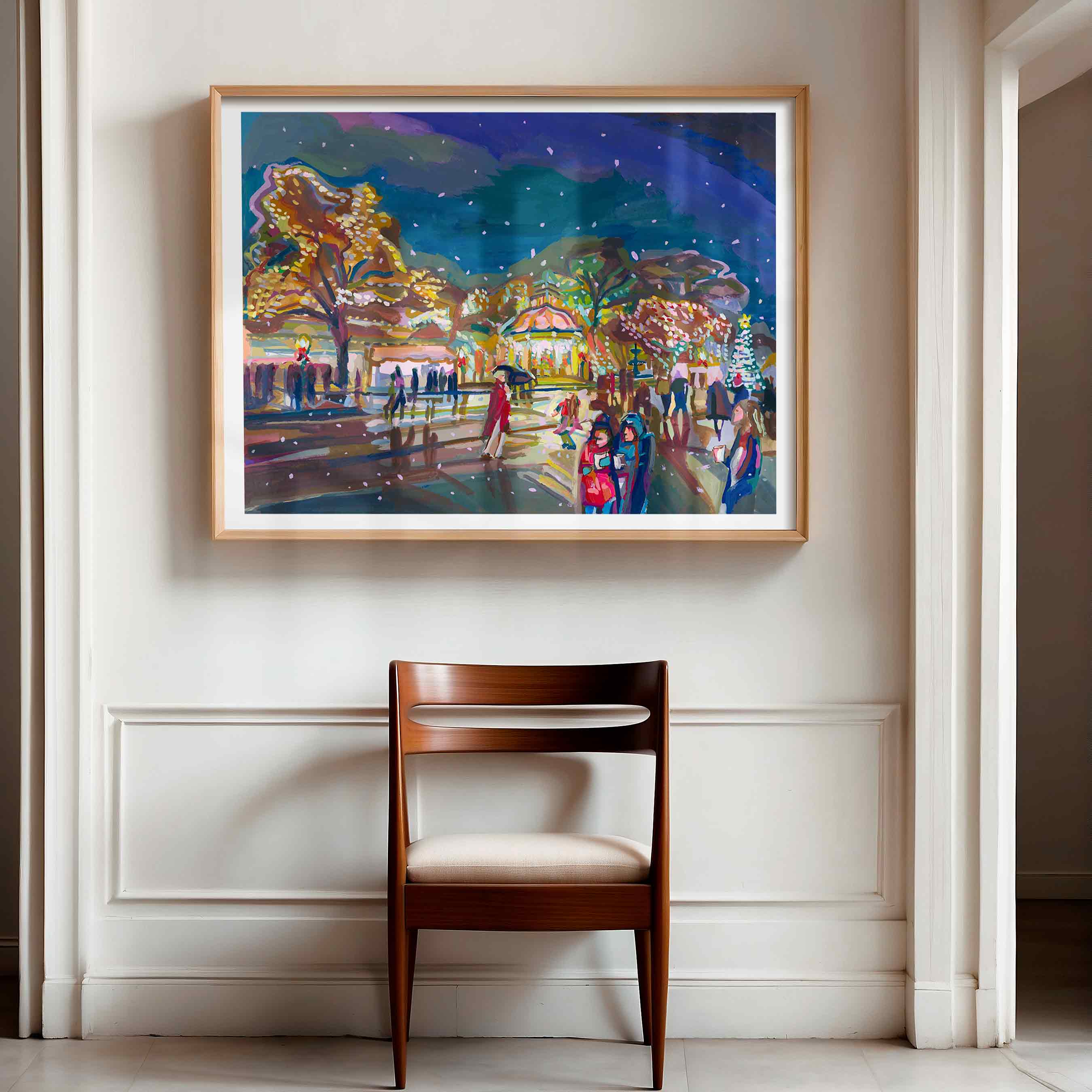 Wassailfest New Braunfels Print of Dreamy Night Painting of Christmas Lights in Texas Hill Country