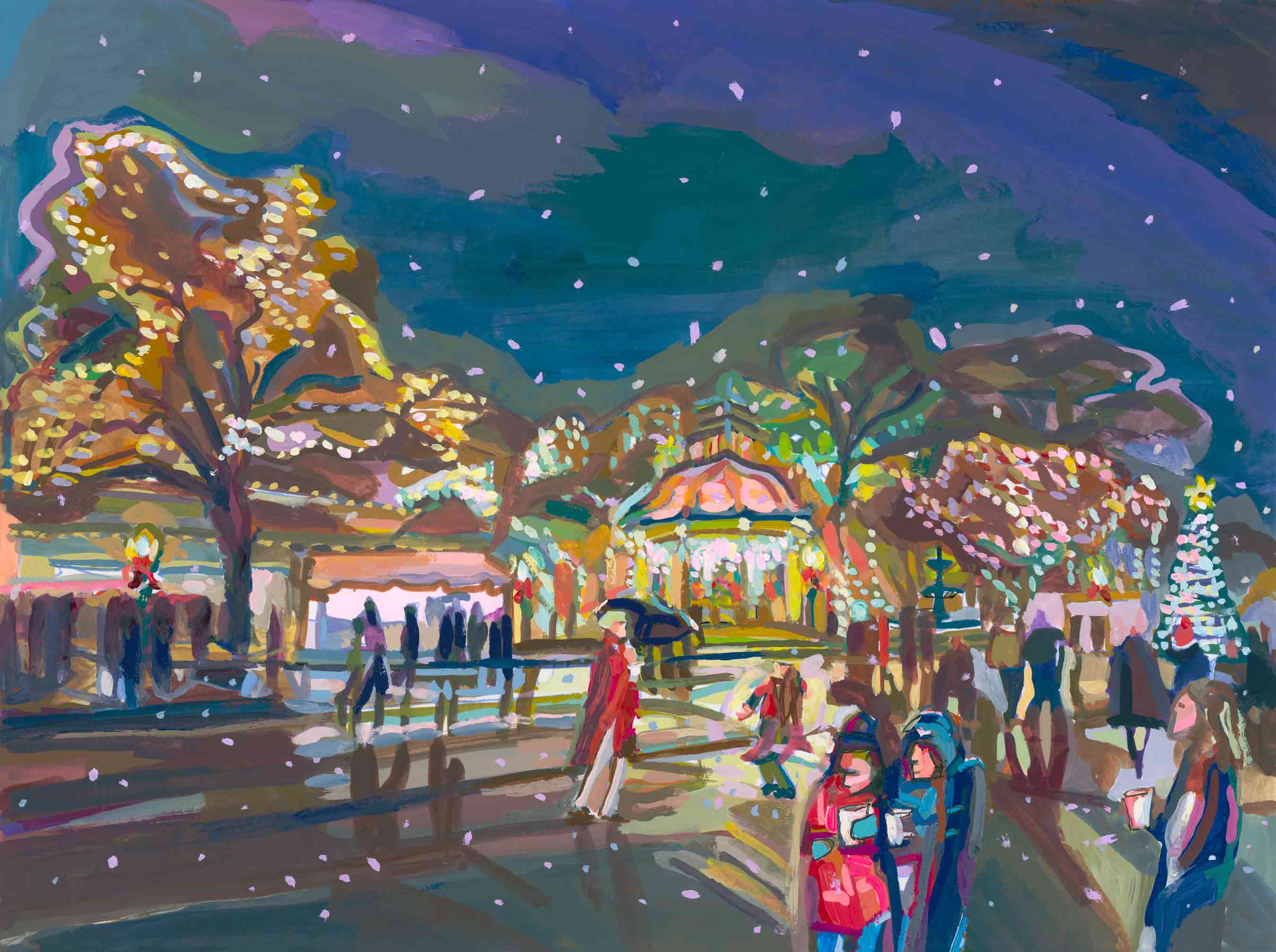 Wassailfest New Braunfels Print of Dreamy Night Painting of Christmas Lights in Texas Hill Country