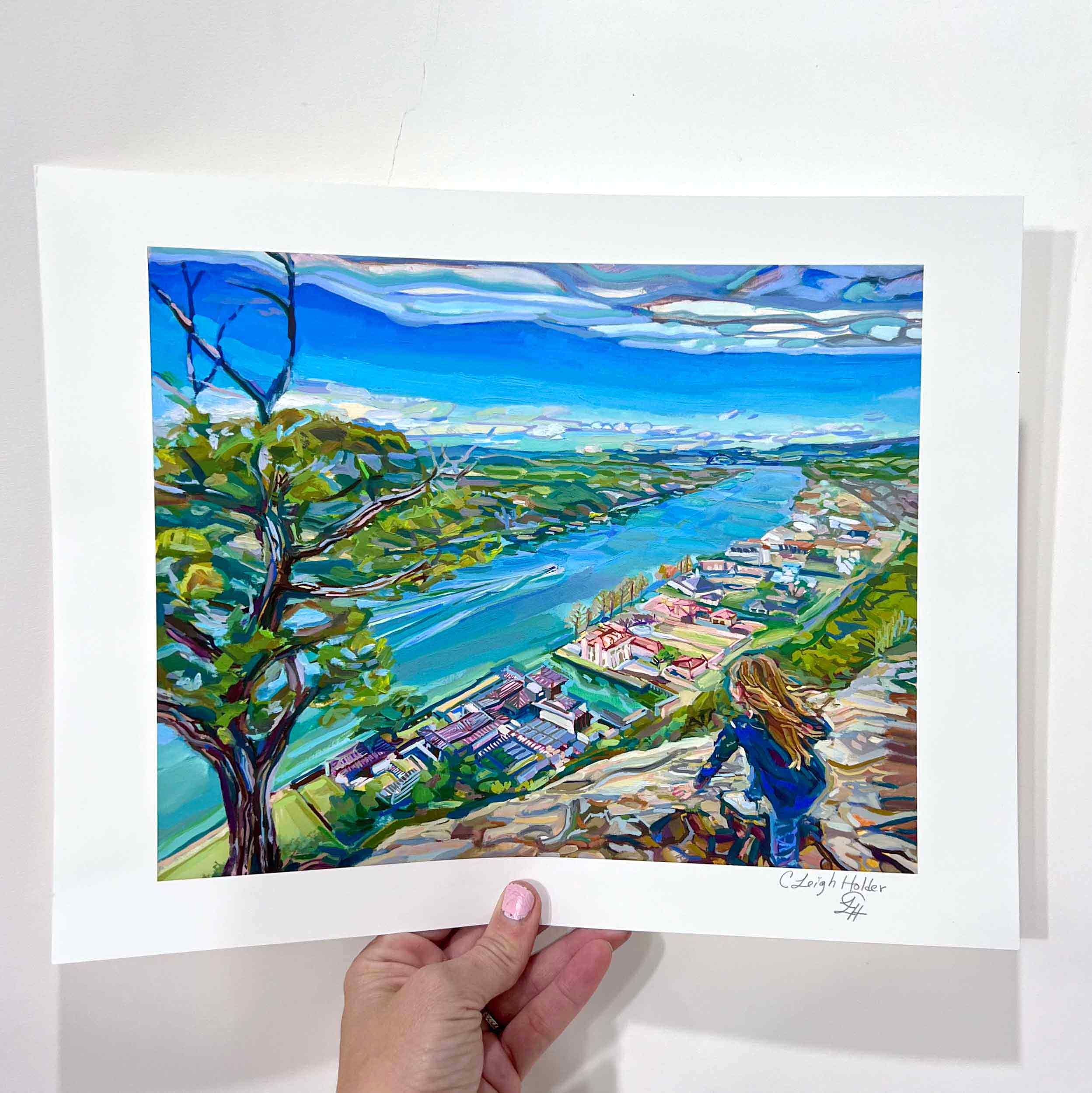 Austin art print of Mount Bonnell park overlooking Lake Austin from original painting. Oil-Painting by Austin, Texas artist Courtney Leigh Holder, 11x14