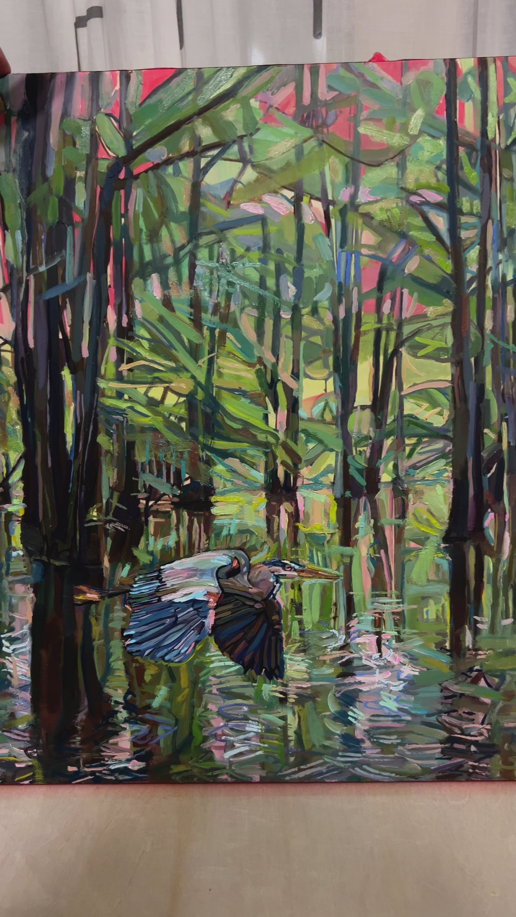 Blue Heron painting with Cypress Trees, wildlife colorful oil painting of Caddo Lake by Texas artist Courtney Holder