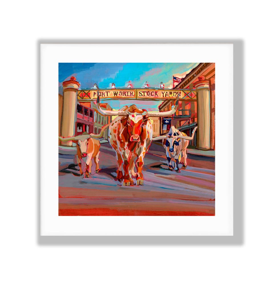 Texas Longhorns at Fort Worth Stockyard Art Print | Longhorn Art Print of Original Gouache Painting | Fort Worth Texas Artwork