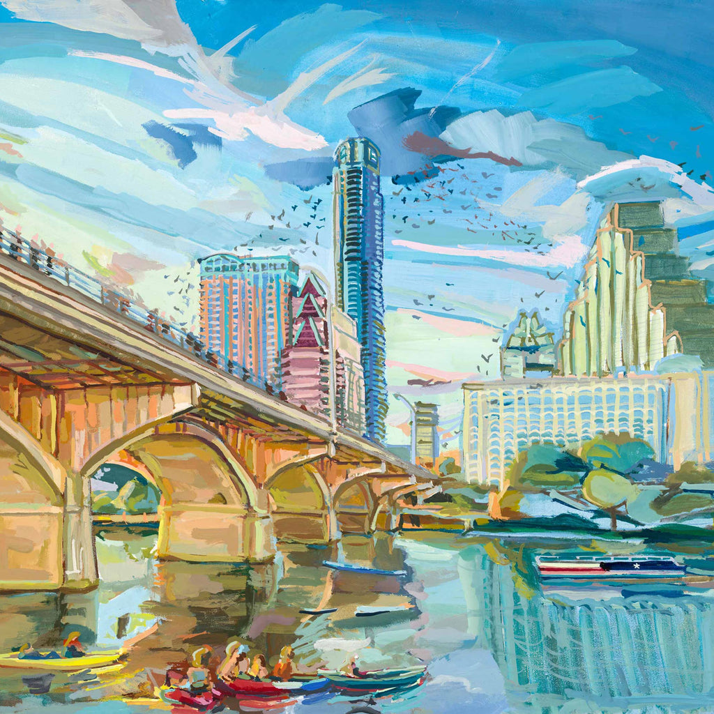 Austin Bats at Congress Bridge, Original Gouache Painting, Austin Nostalgia Series