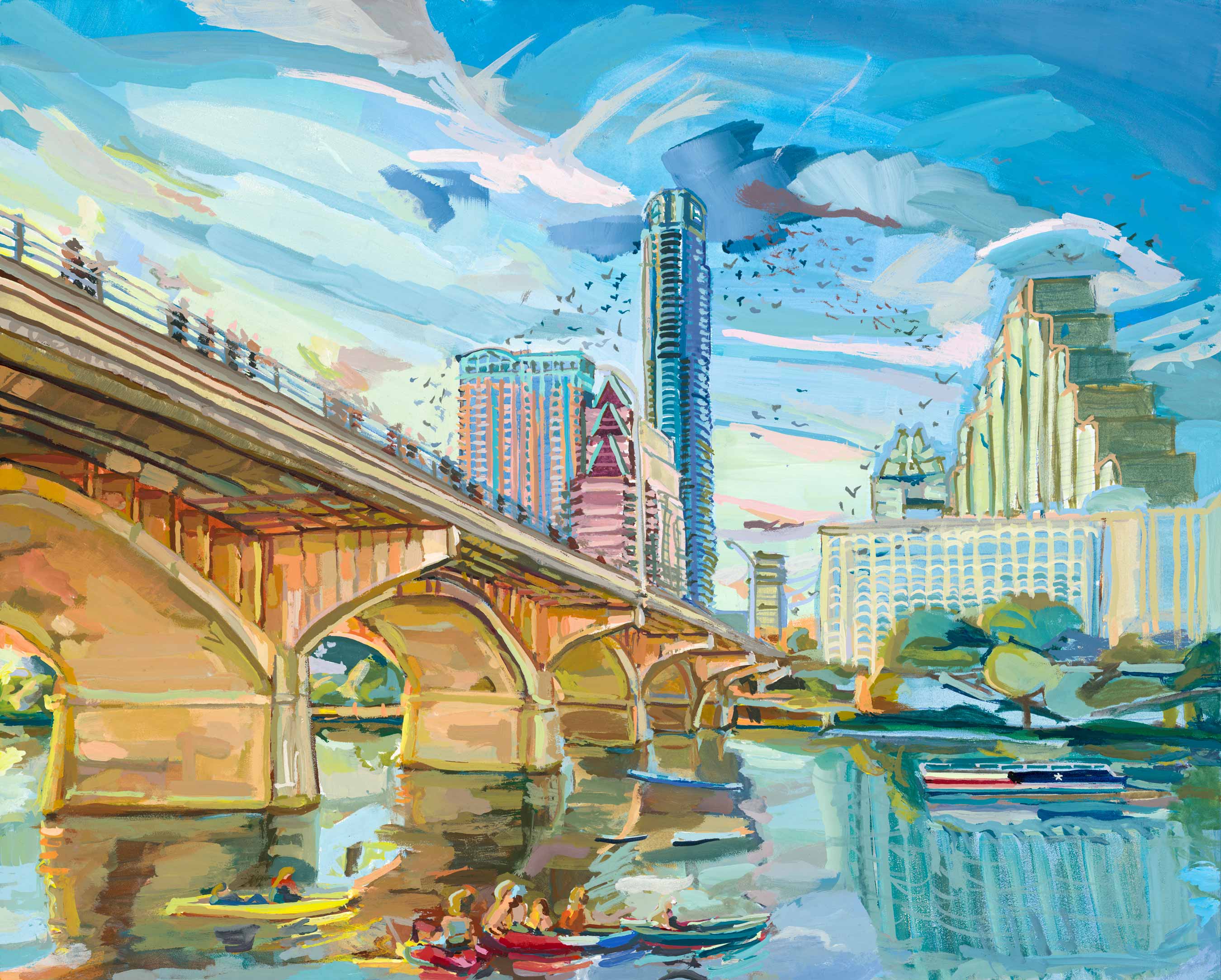 Austin Bats at Congress Bridge, Original Gouache Painting, Austin Nostalgia Series
