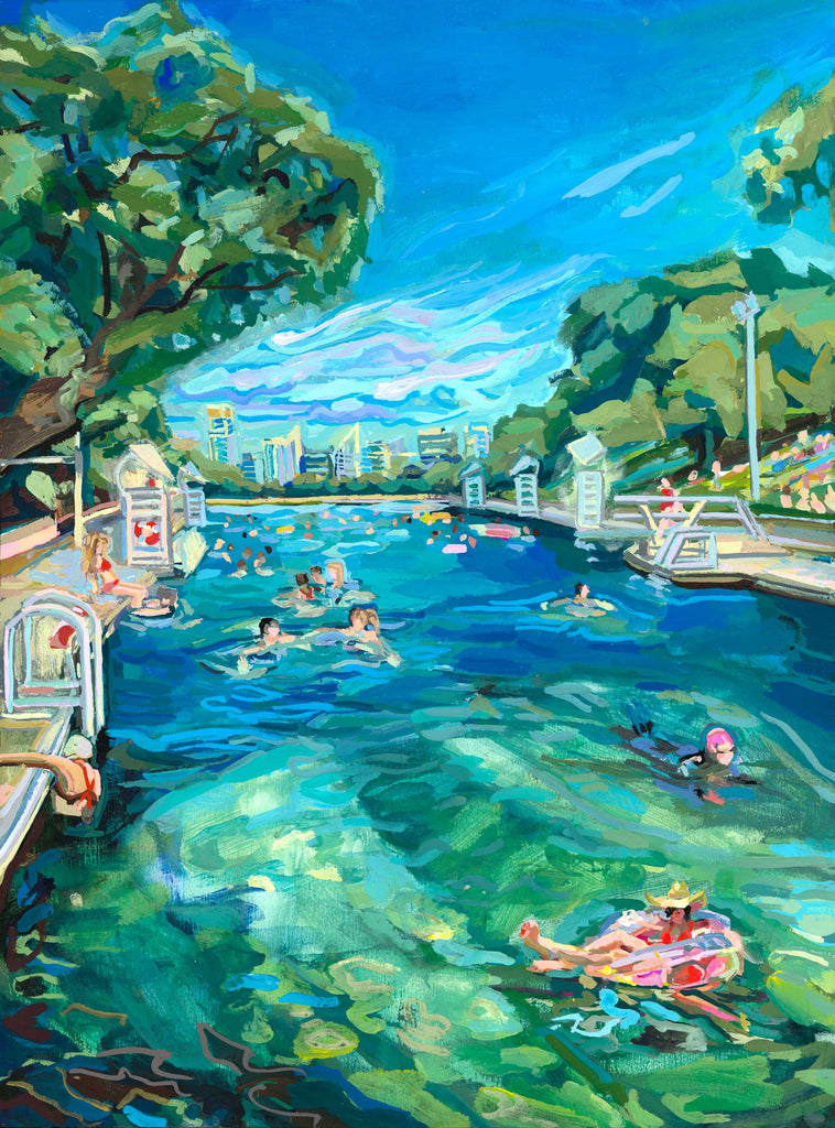 Barton Springs Pool, Original Gouache Painting, Austin Nostalgia Series