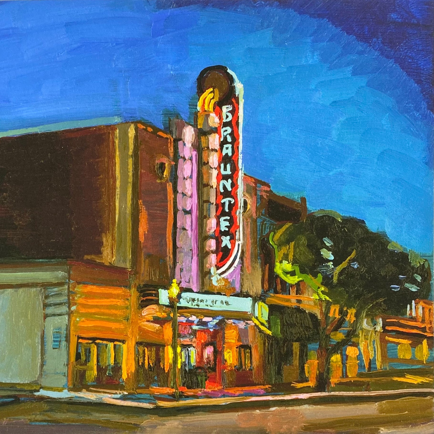 Cobalt Art Deco Art | signed print of painting of historic theatre with neon colors | Texas Wall Art | Austin Art Gift | Architecture Art