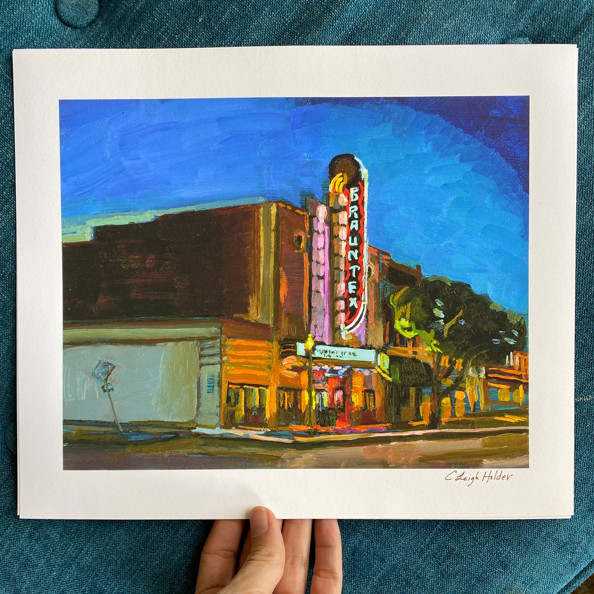 Cobalt Art Deco Art | signed print of painting of historic theatre with neon colors | Texas Wall Art | Austin Art Gift | Architecture Art