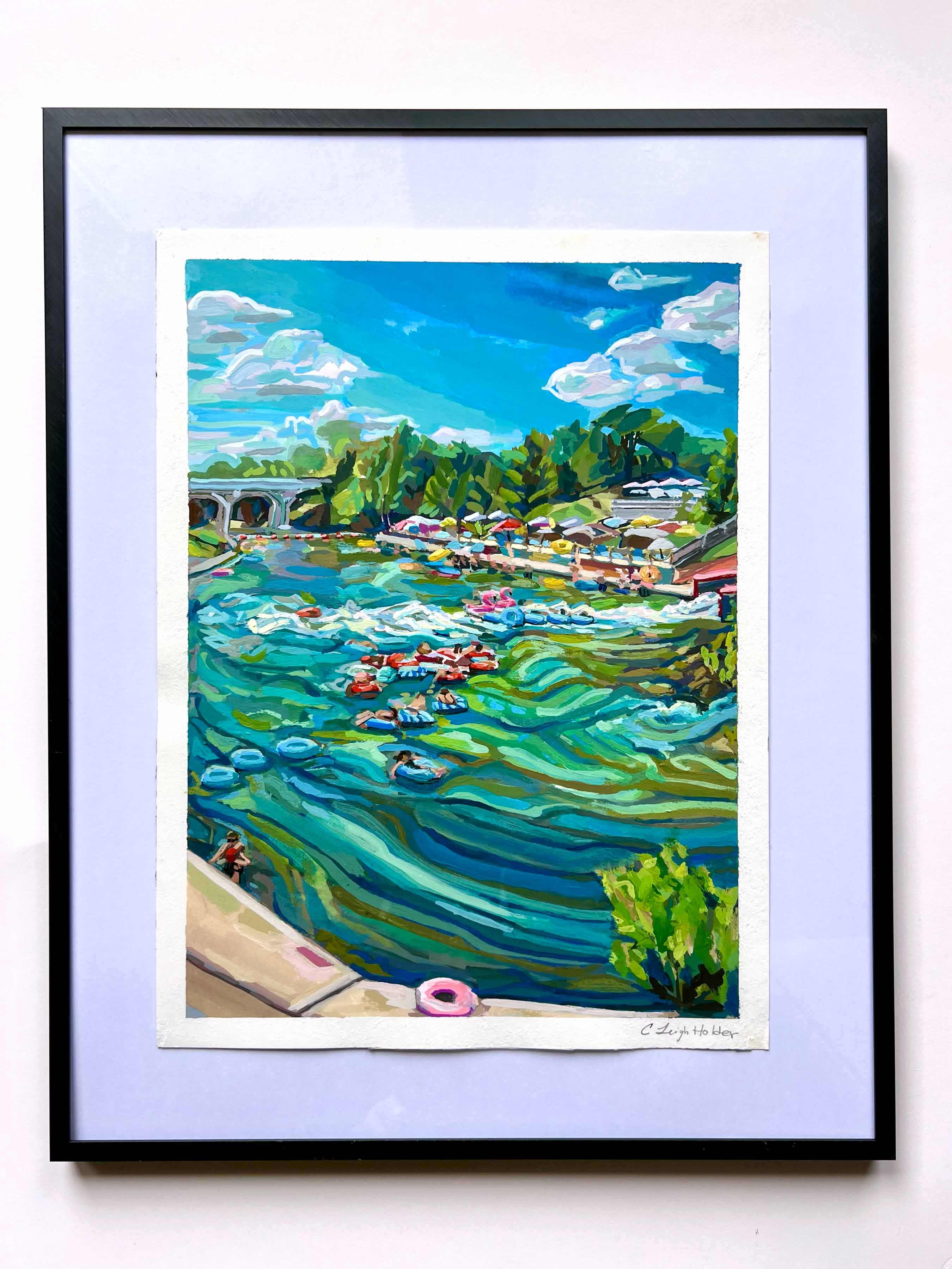 Comal River Tube Chute II, Original Gouache Painting on Paper, Texas River Series Art for Nature Lovers