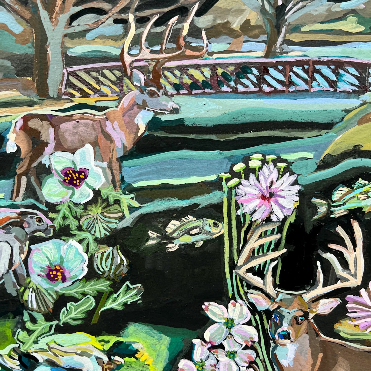 Original gouache painting on paper featuring a scene with deer, a bridge, and a body of water in the background, framed in a black metal frame.