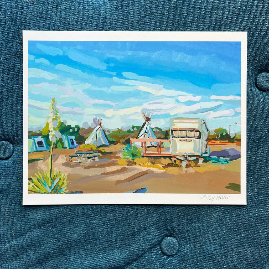 Marfa Texas Archival Print of Original Gouache Painting of El Cosmico, 11 x 8.5" art print