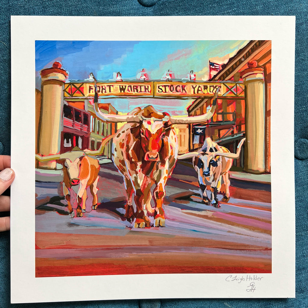 Texas Longhorns at Fort Worth Stockyard Art Print | Longhorn Art Print of Original Gouache Painting | Fort Worth Texas Artwork
