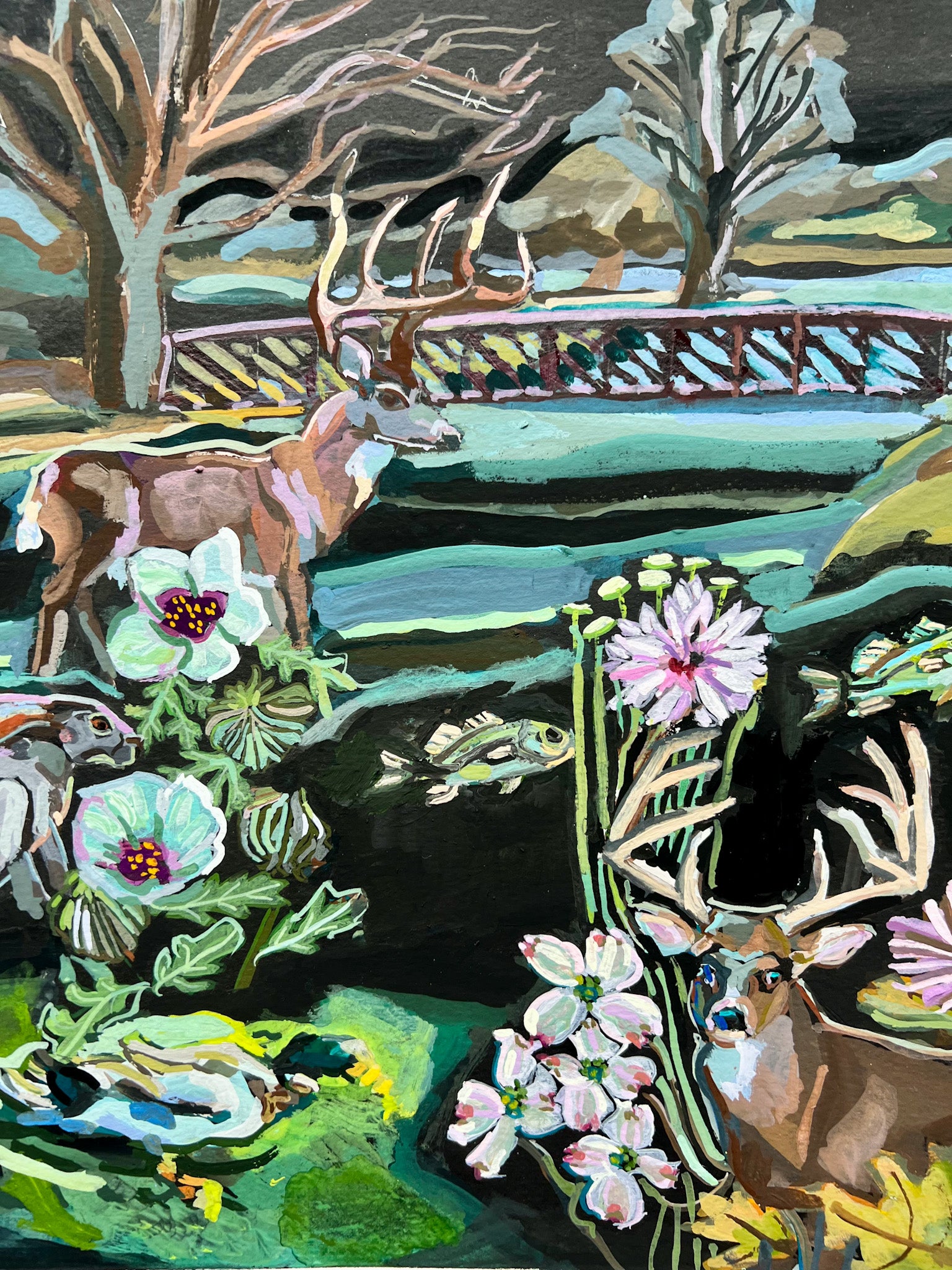 Deer in Texas Hill Country Original Painting, Landa Park NBTX Gouache on Paper, Texas River Series Art for Nature Lovers