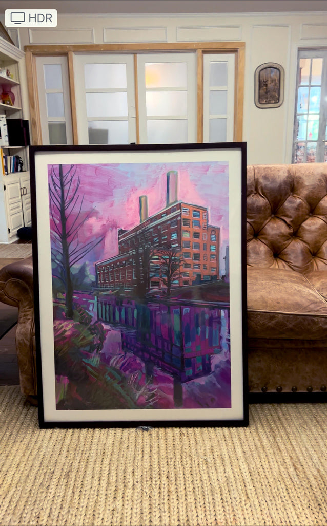 The Landmark & Comal River Art Print | Archival print of my original painting | Pink Sky Industrial Power Plant in New Braunfels, Texas