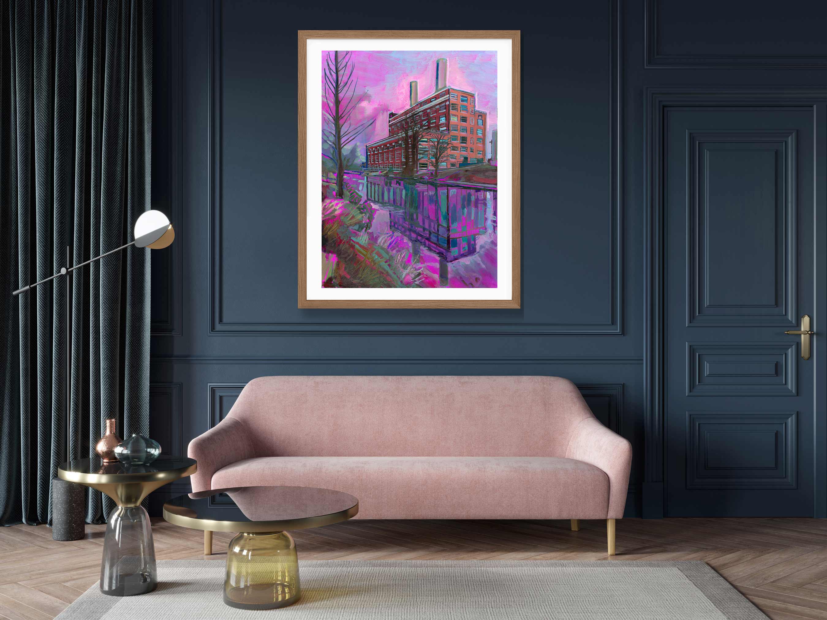 The Landmark & Comal River Art Print | Archival print of my original painting | Pink Sky Industrial Power Plant in New Braunfels, Texas