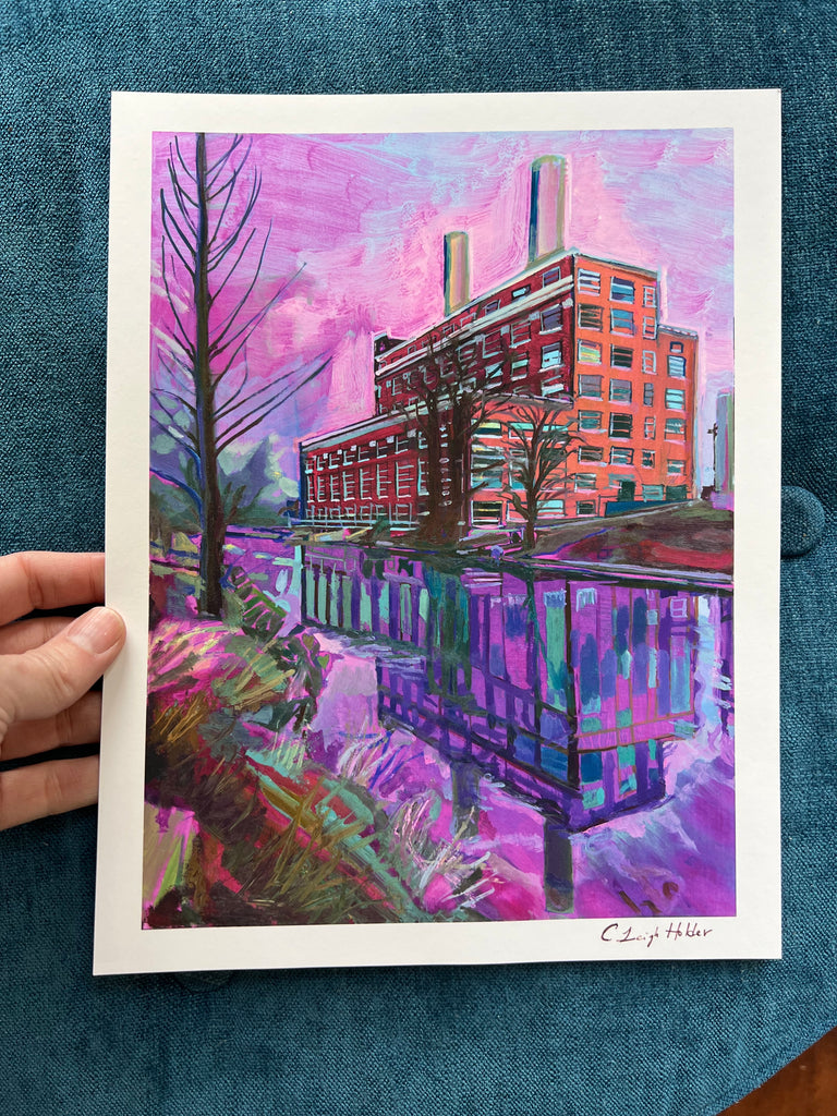 The Landmark & Comal River Art Print | Archival print of my original painting | Pink Sky Industrial Power Plant in New Braunfels, Texas