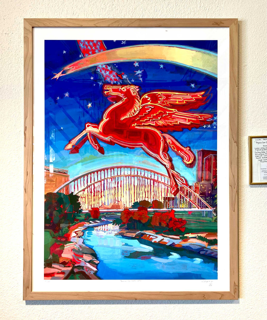 Pegasus Dallas Skyline Art Print |  Flying Red Horse over Trinity River and McDermott Bridge | Texas Gift | Dallas Decor