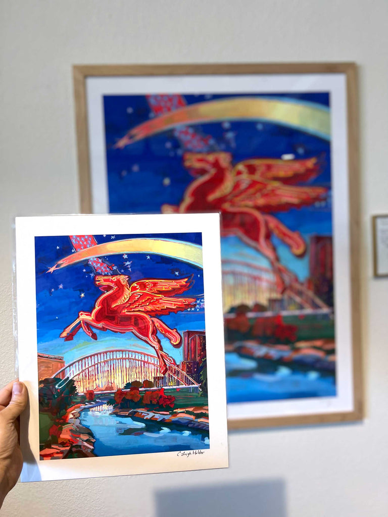 Pegasus Dallas Skyline Art Print |  Flying Red Horse over Trinity River and McDermott Bridge | Texas Gift | Dallas Decor