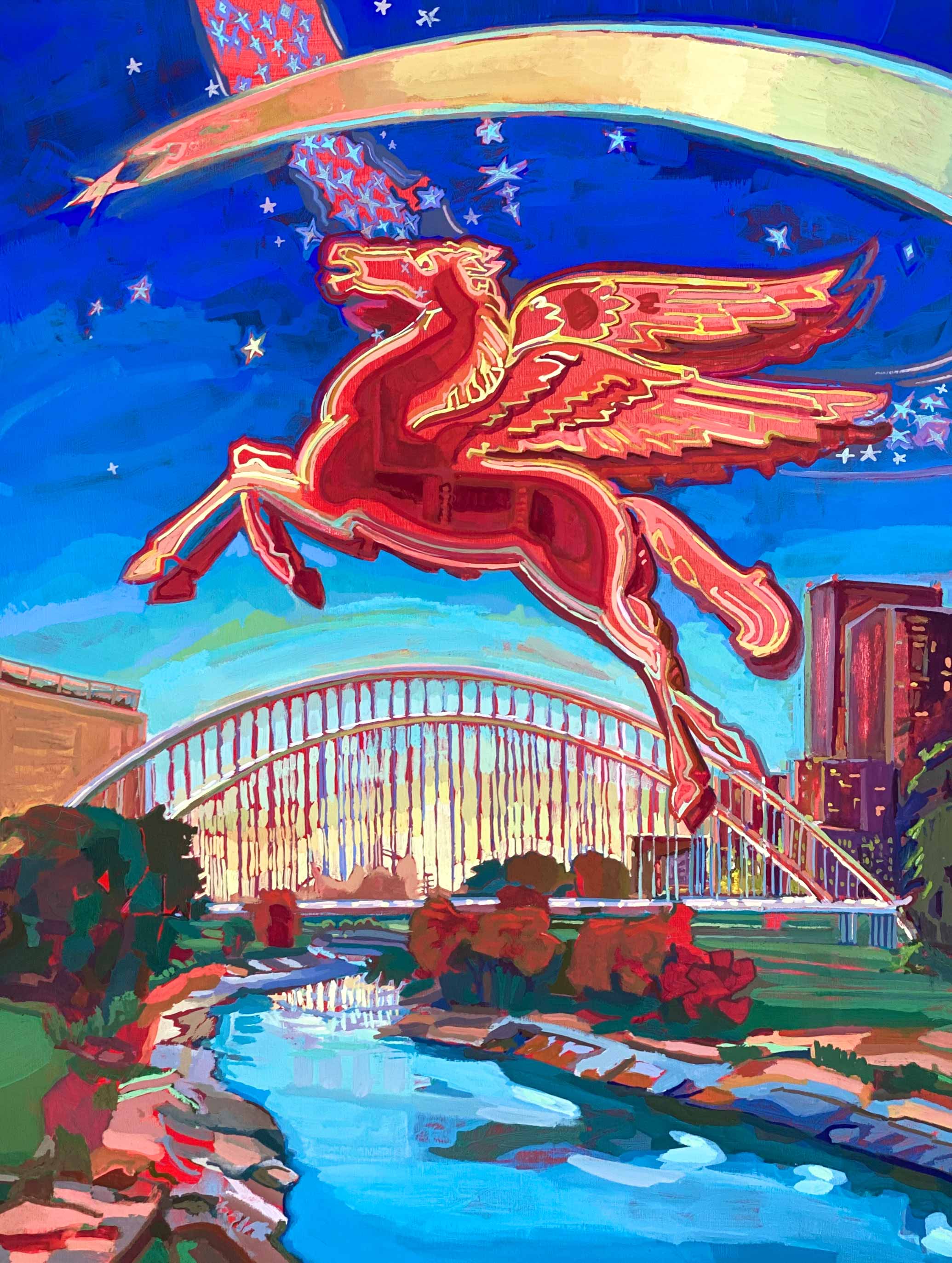 Dallas Skyline Pegasus Flying Painting, Original Gouache Painting of Trinity River Dallas Texas