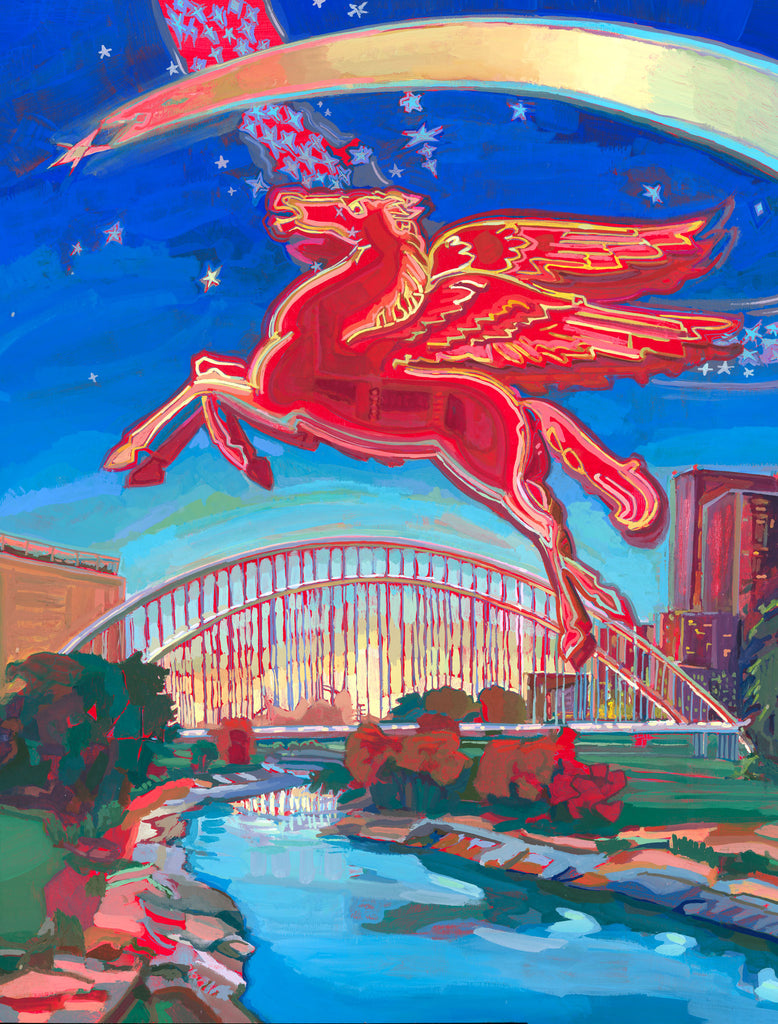 Dallas Skyline with Pegasus, Bridge, Stars and Trinity River from original gouache painting