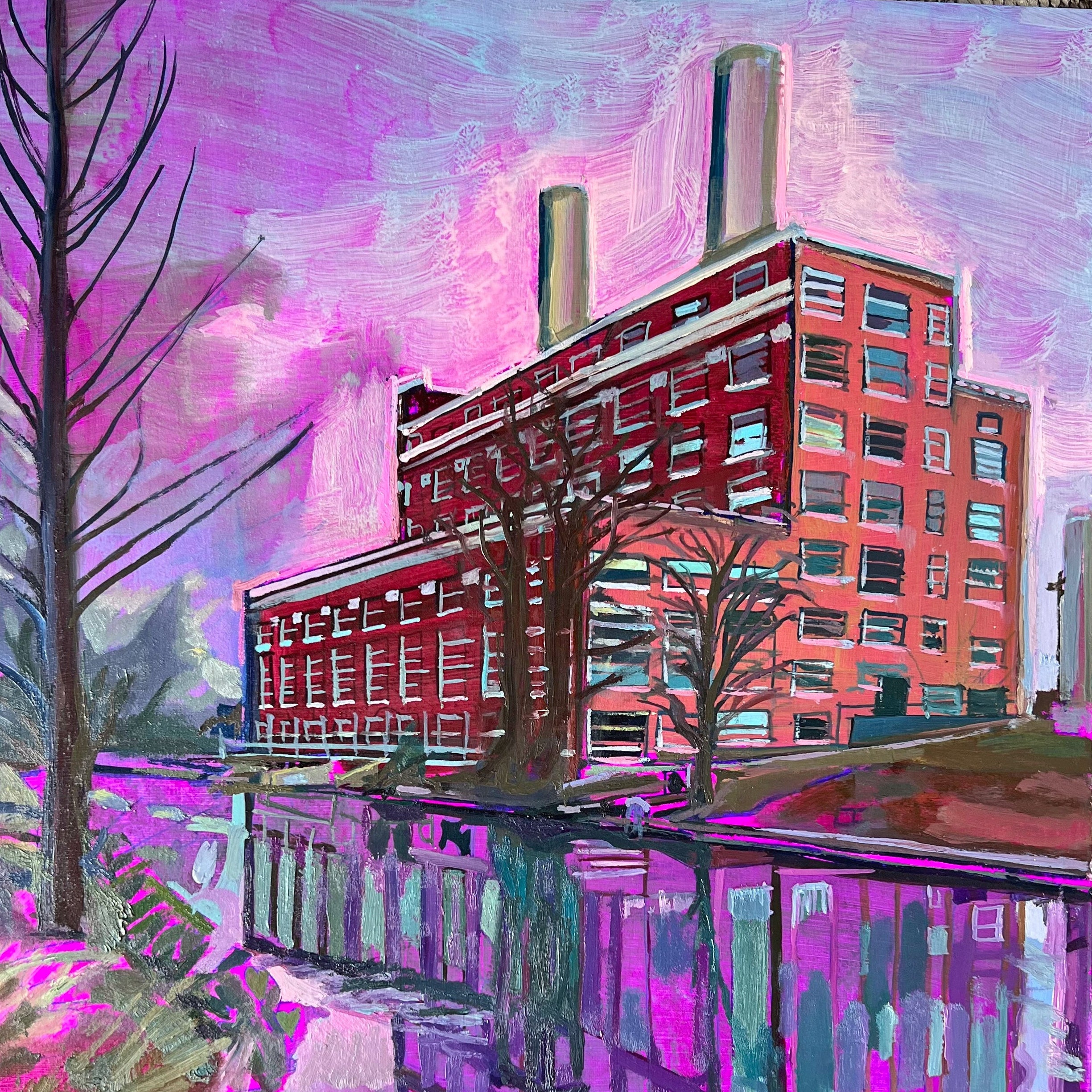 An original painting depicting a historic Art Deco building on the Comal River with a vibrant pink and purple hue overlays and reflections in the water below.