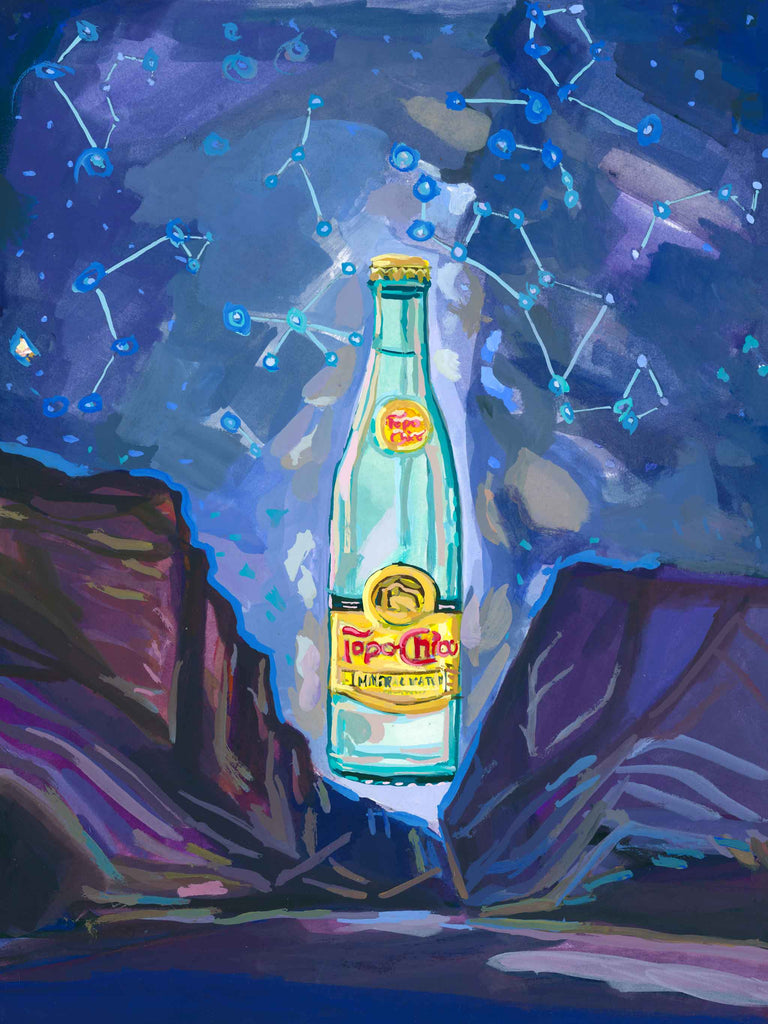 Topo Chico at Big Bend National Park, Original Gouache Painting on Paper, Still Life for Wanderers