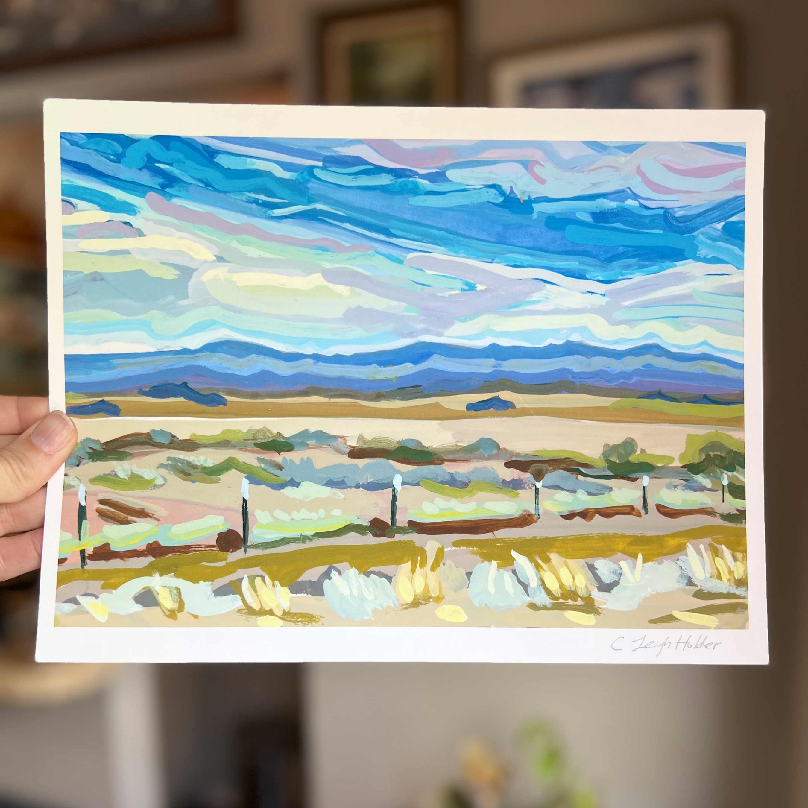 Far West Texas Landscape Art Print, Archival Print of Original Gouache Painting of Wide Open Spaces in Marfa, Texas, 11 x 8.5