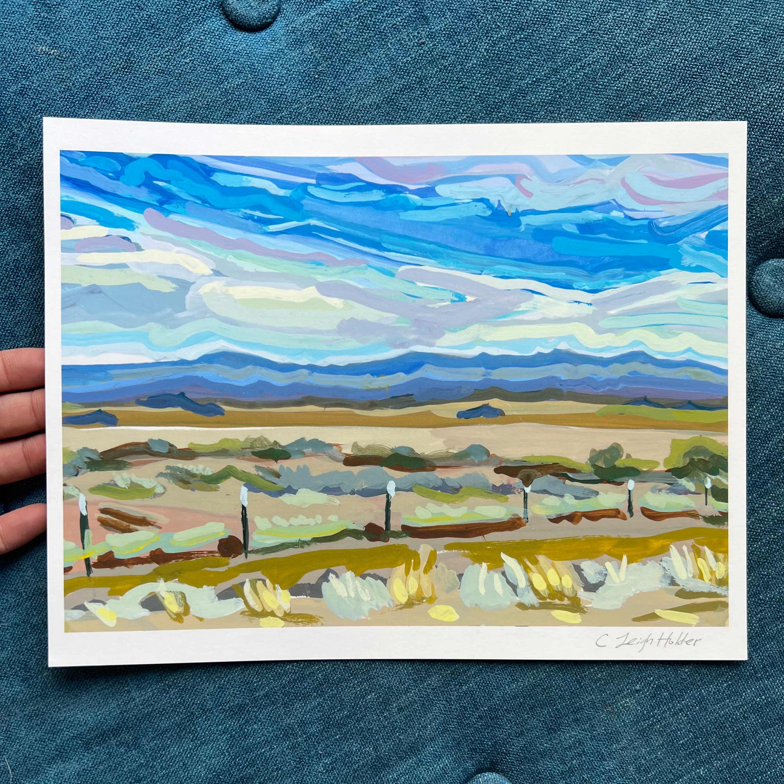 Far West Texas Landscape Art Print, Archival Print of Original Gouache Painting of Wide Open Spaces in Marfa, Texas, 11 x 8.5