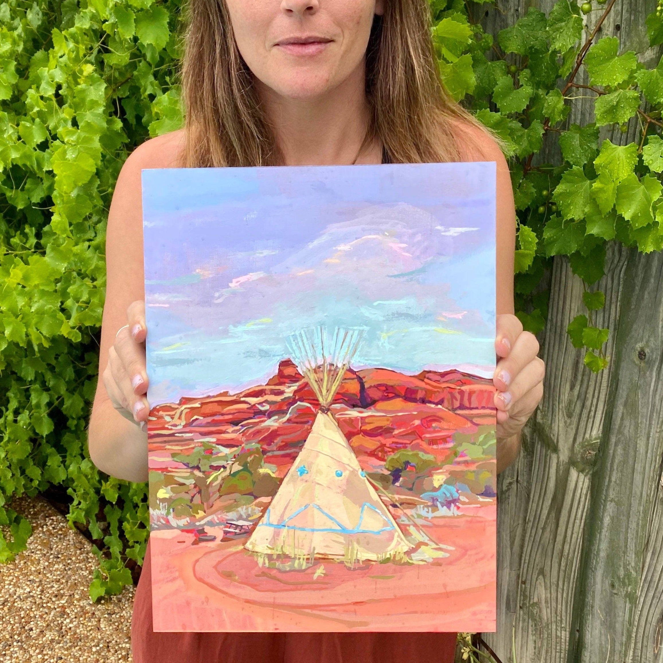 Teepee Original Small Painting | Desert New Mexico Art | Southwestern Decor | NM Wall Art | Modern Desert Landscape | Red Rock Mountains