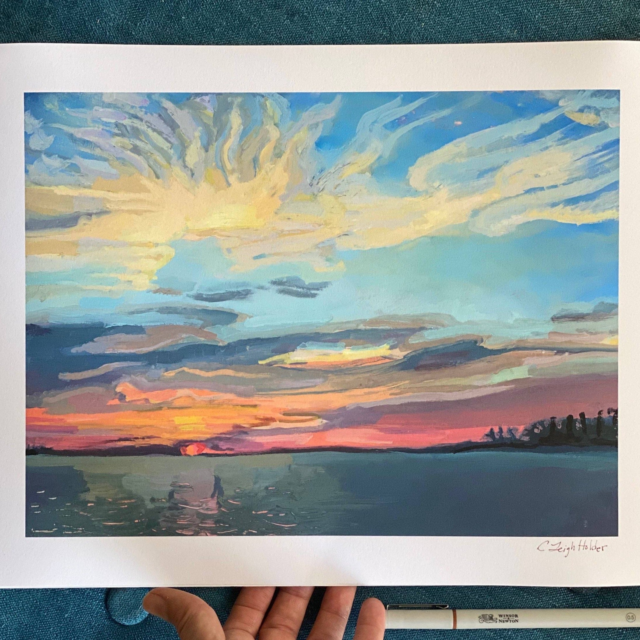 Sunset Lake Art Print. Lake O'the Pines. archival print of my original painting of East Texas
